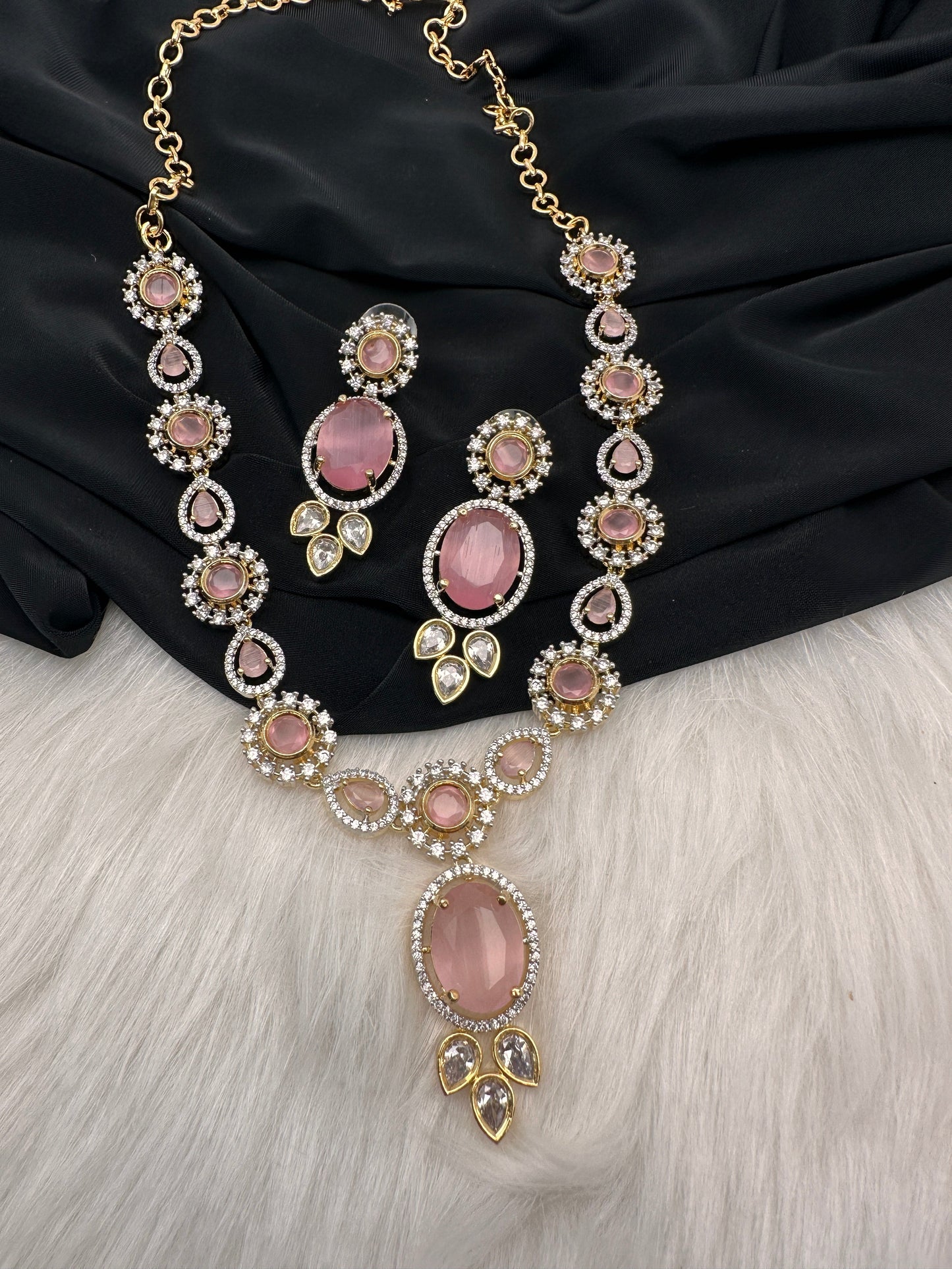AD Color Stone Dainty Short Necklace - pink