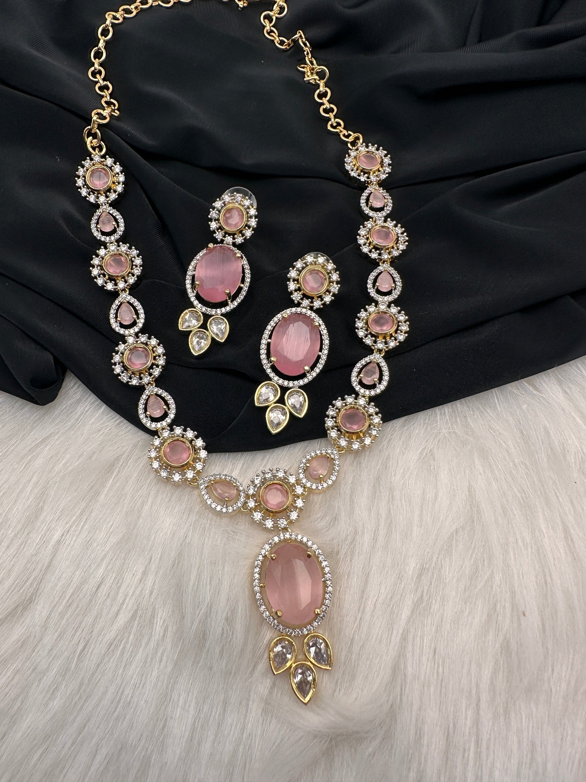 AD Color Stone Dainty Short Necklace - pink