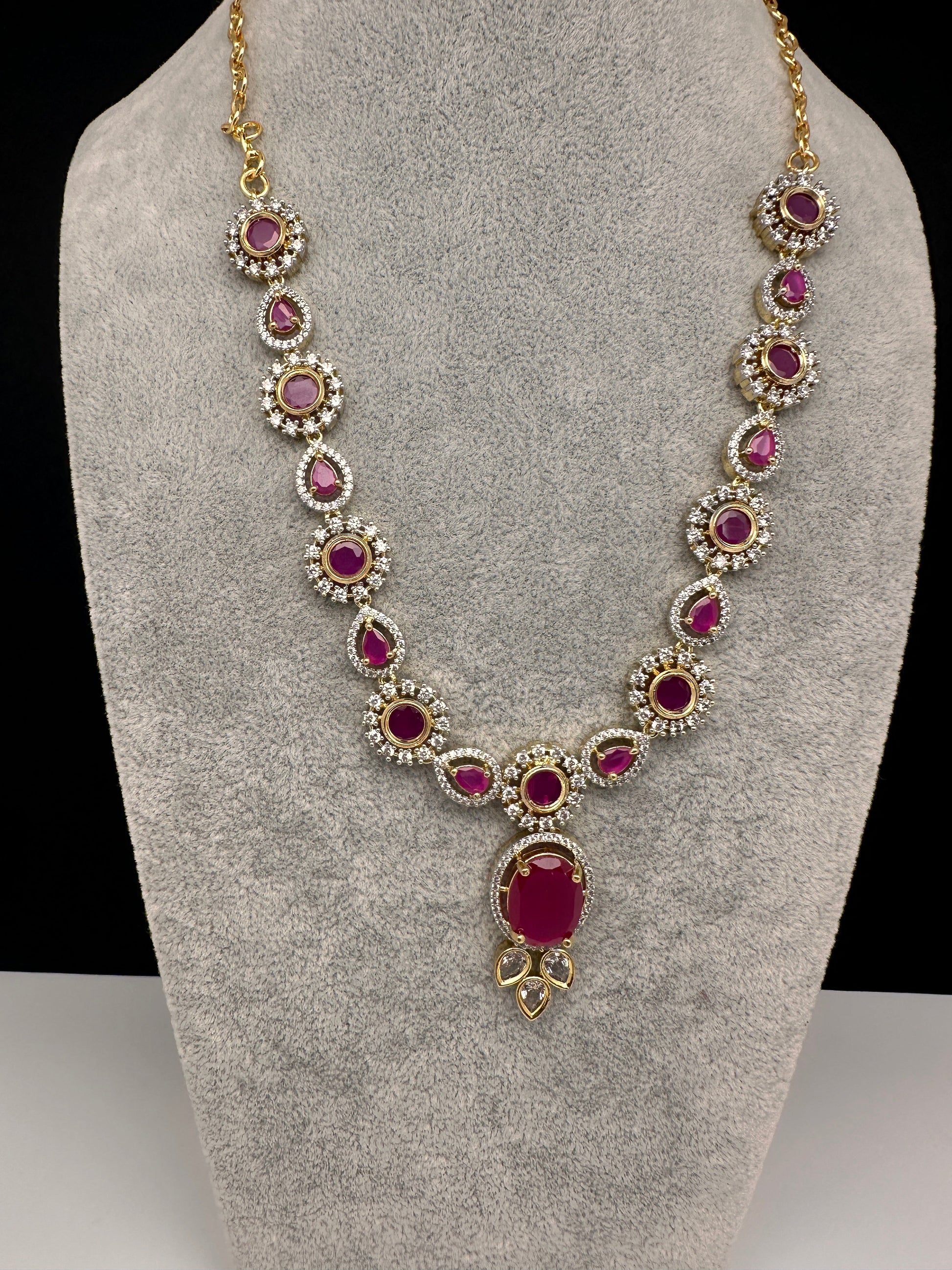 AD Color Stone Dainty Short Necklace - Red