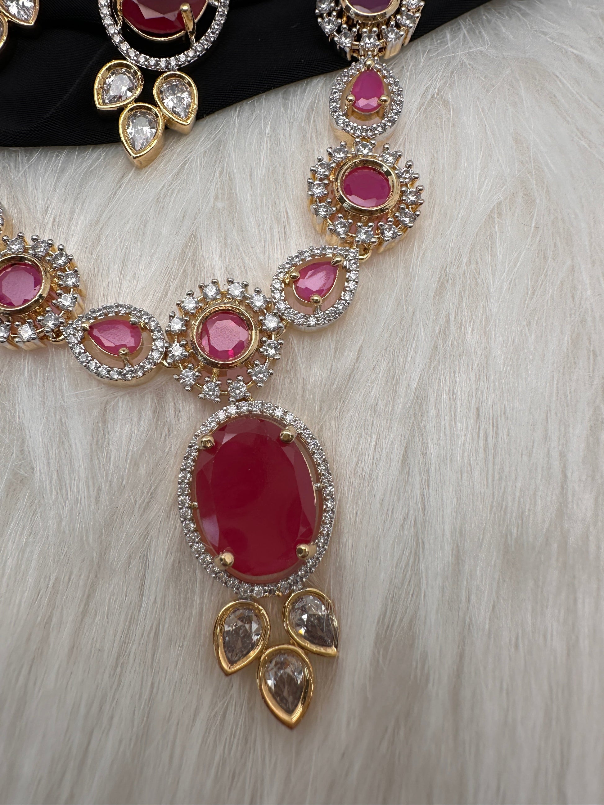AD Color Stone Dainty Short Necklace - Red
