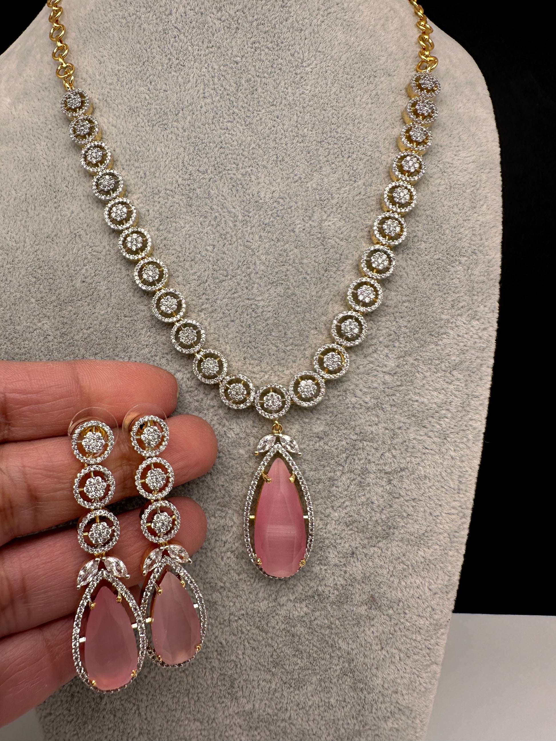 AD Color Stone Dainty Short Necklace - pink