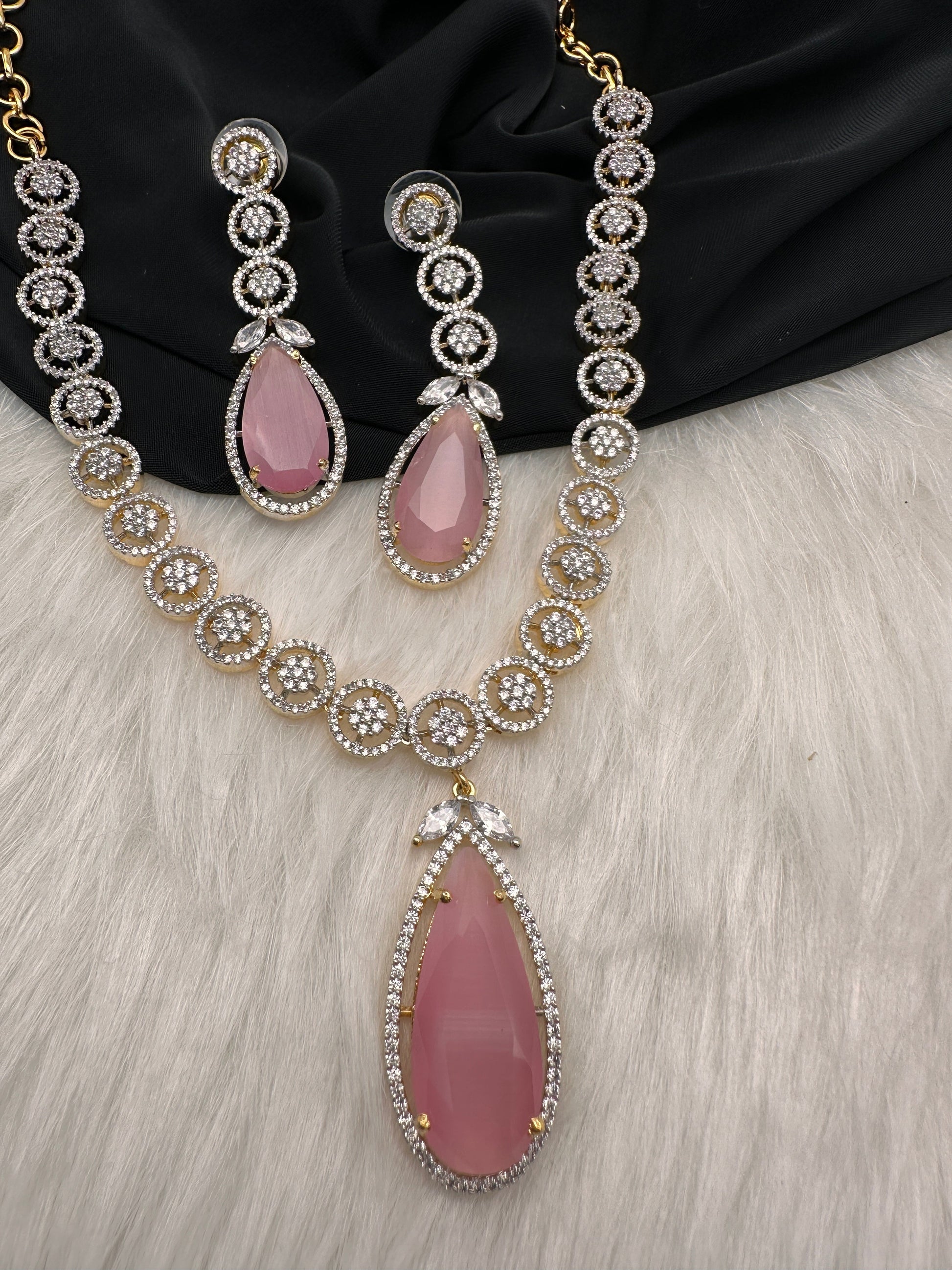 AD Color Stone Dainty Short Necklace - pink