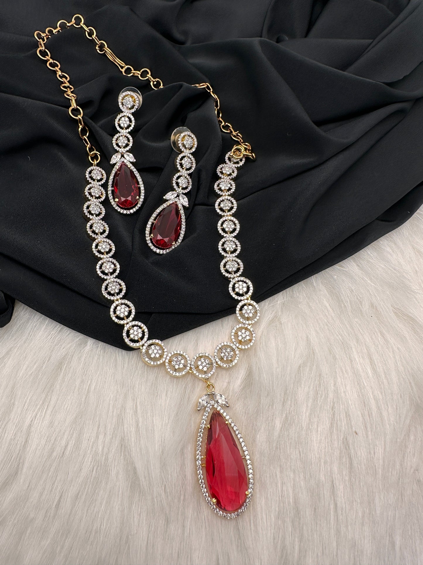 AD Color Stone Dainty Short Necklace - Red