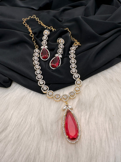 AD Color Stone Dainty Short Necklace - Red
