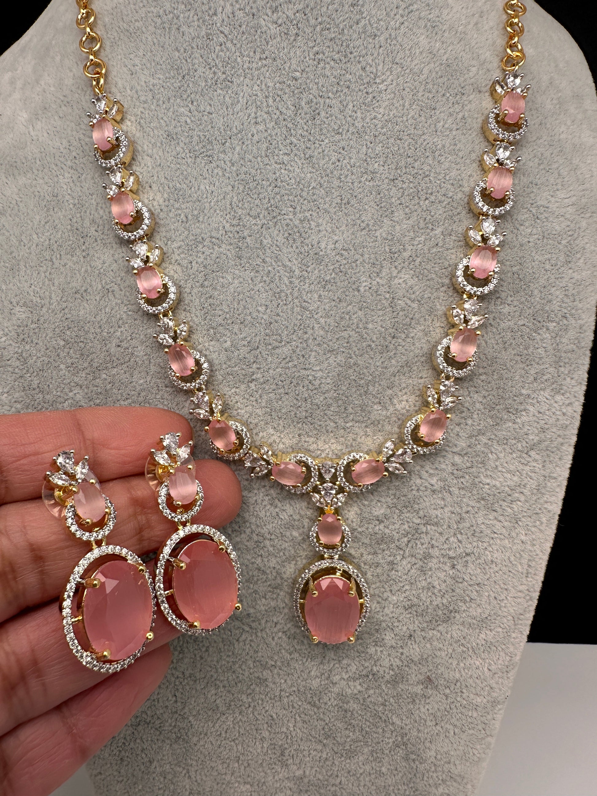 AD Color Stone Dainty Short Necklace - pink