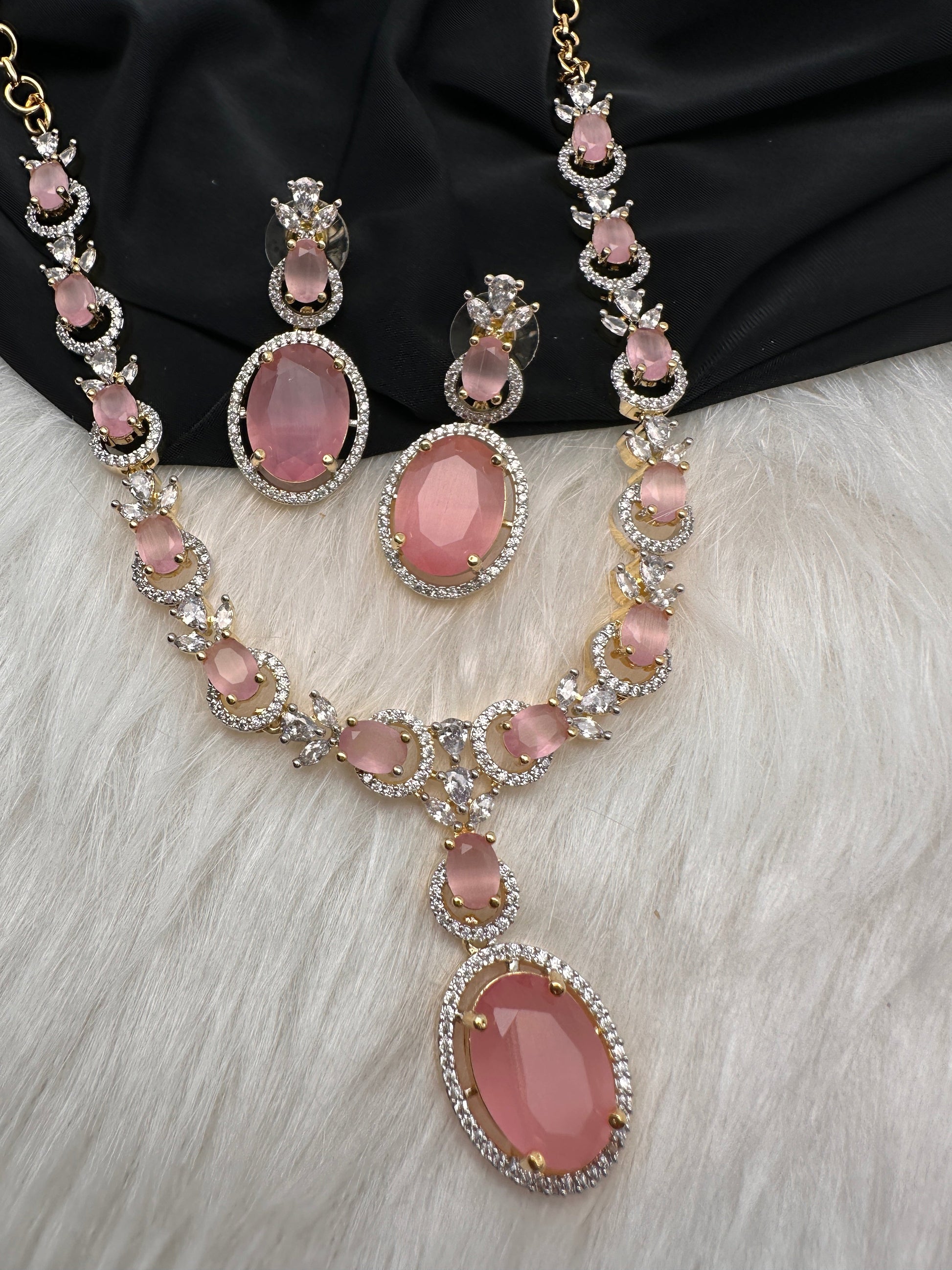 AD Color Stone Dainty Short Necklace - pink