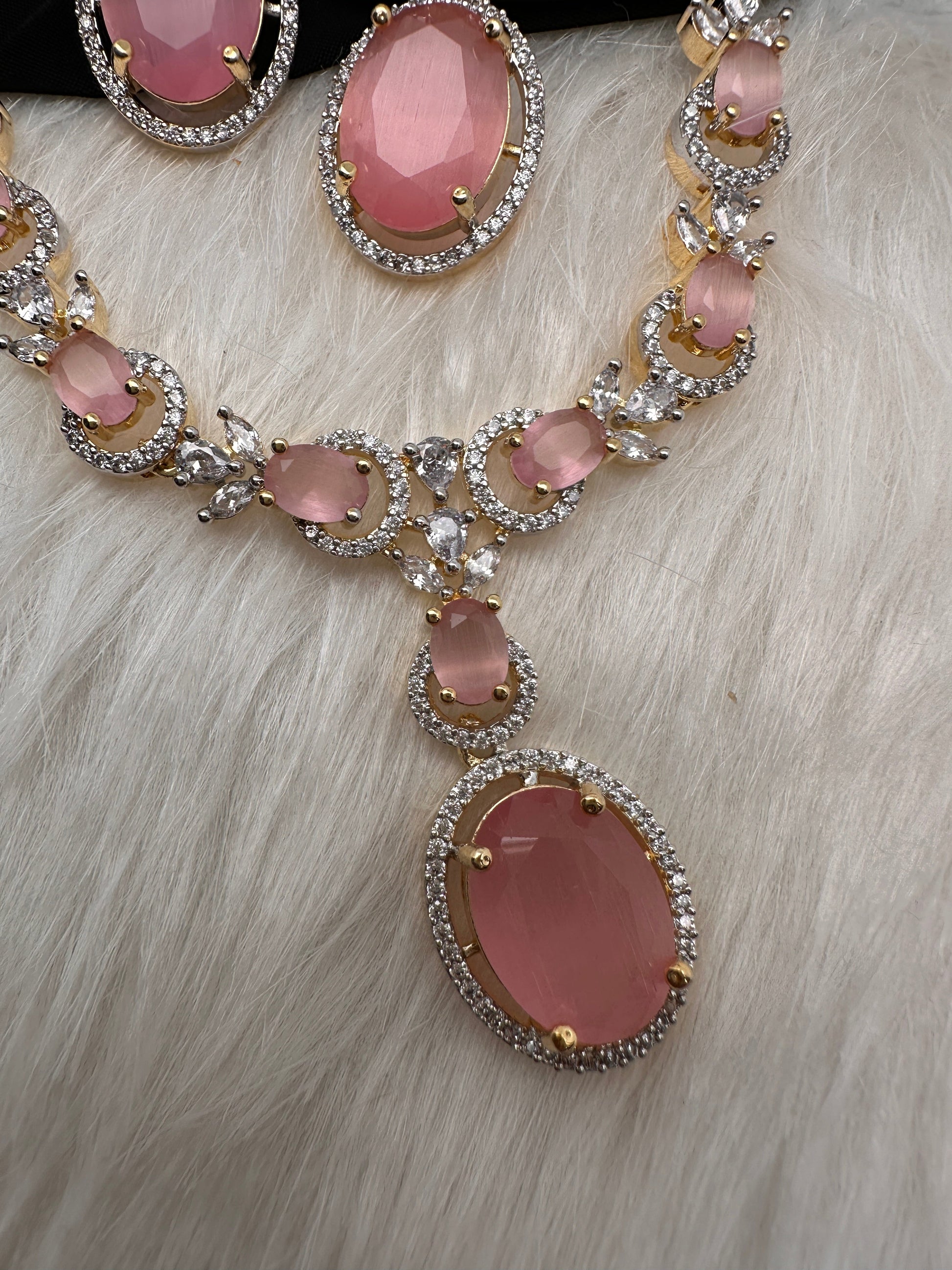 AD Color Stone Dainty Short Necklace - pink