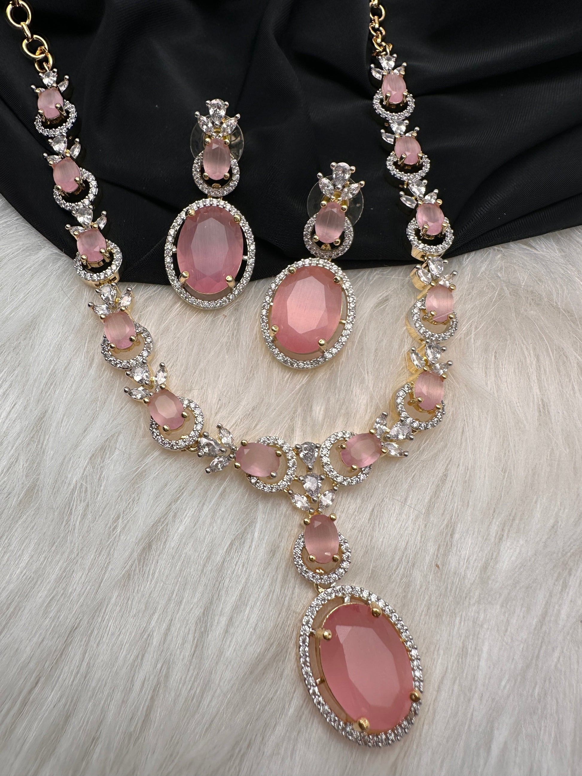 AD Color Stone Dainty Short Necklace - pink