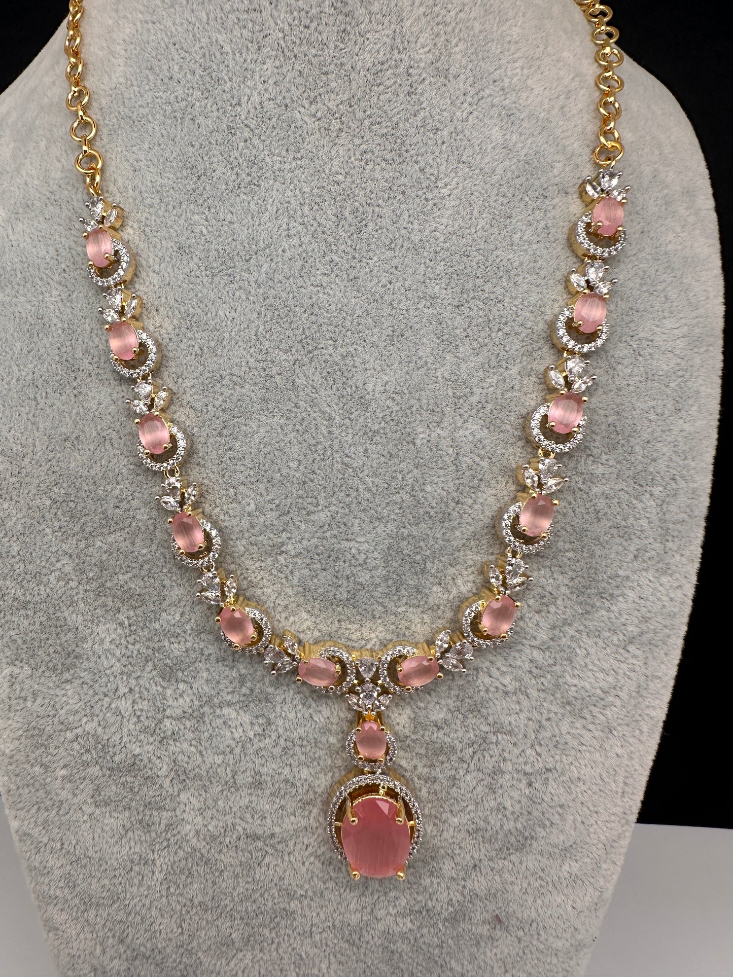 AD Color Stone Dainty Short Necklace - pink