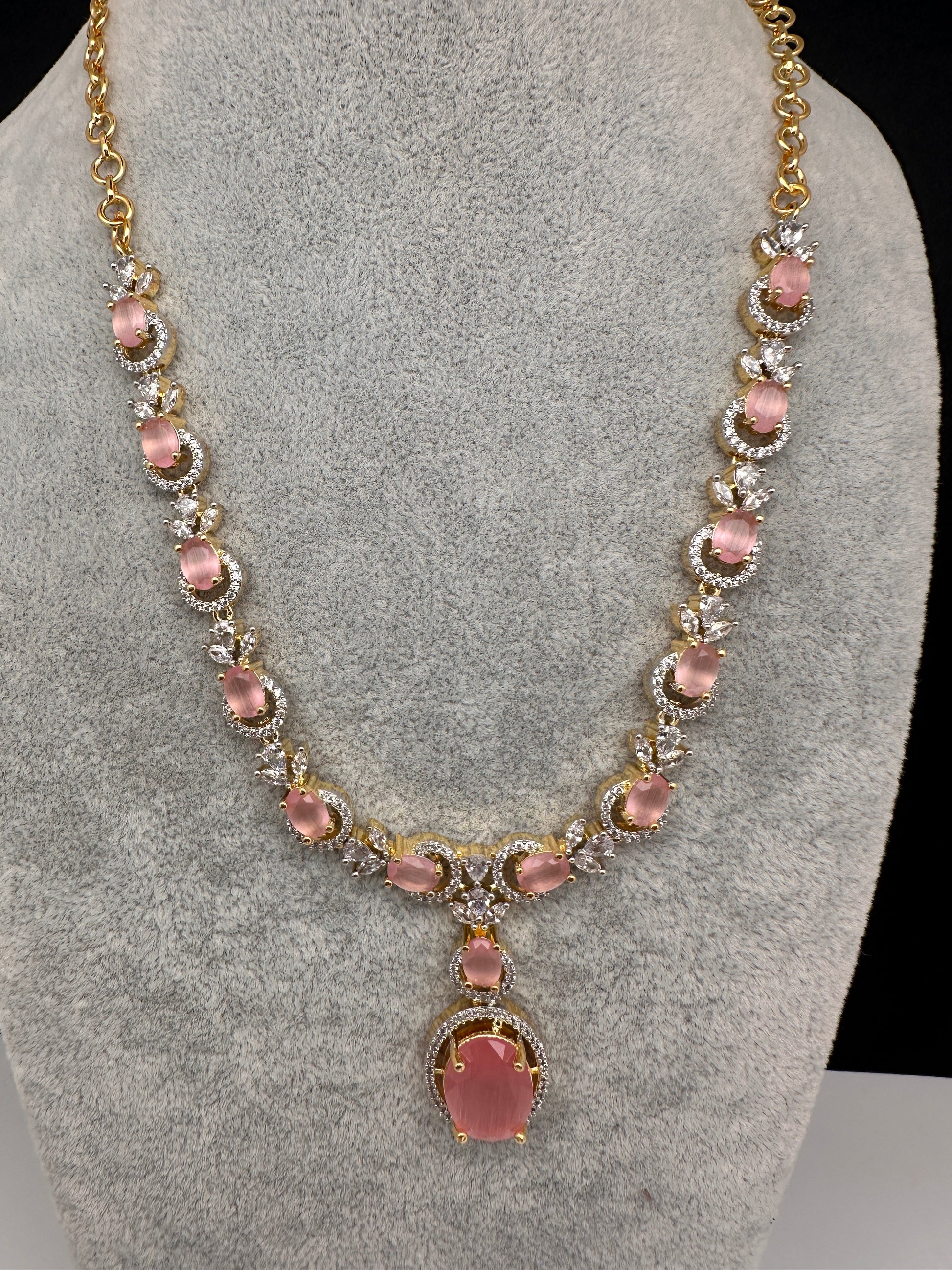 AD Color Stone Dainty Short Necklace - pink