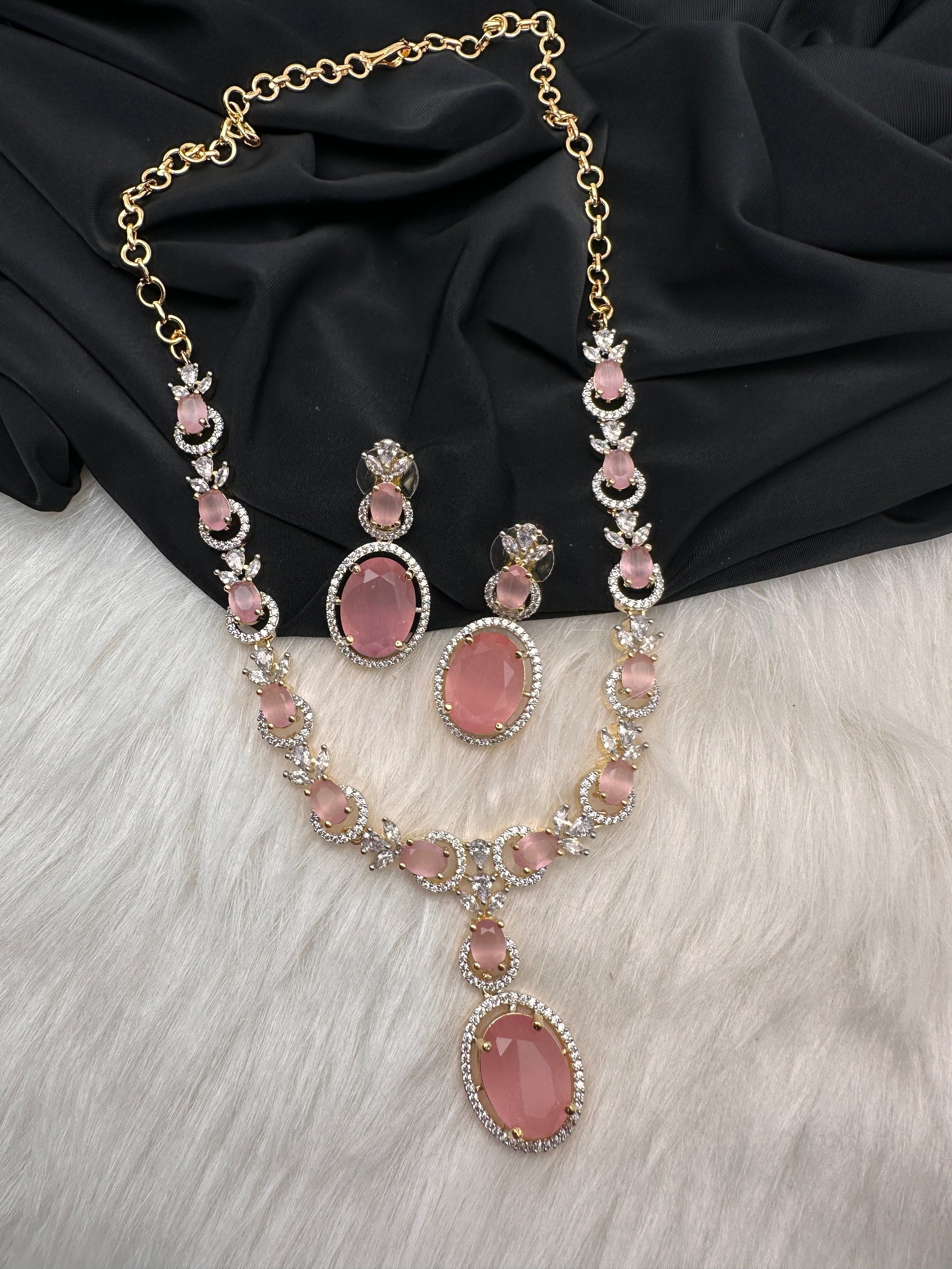 AD Color Stone Dainty Short Necklace - pink