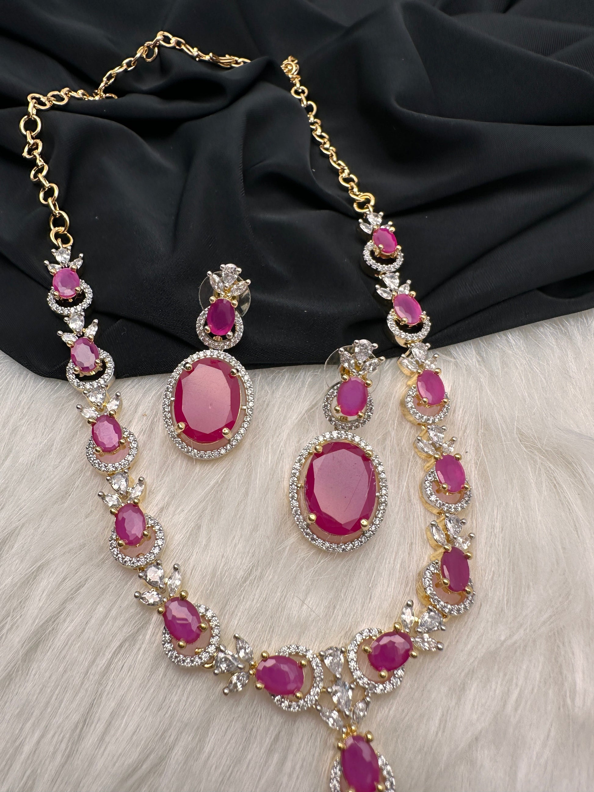 AD Color Stone Dainty Short Necklace - Red