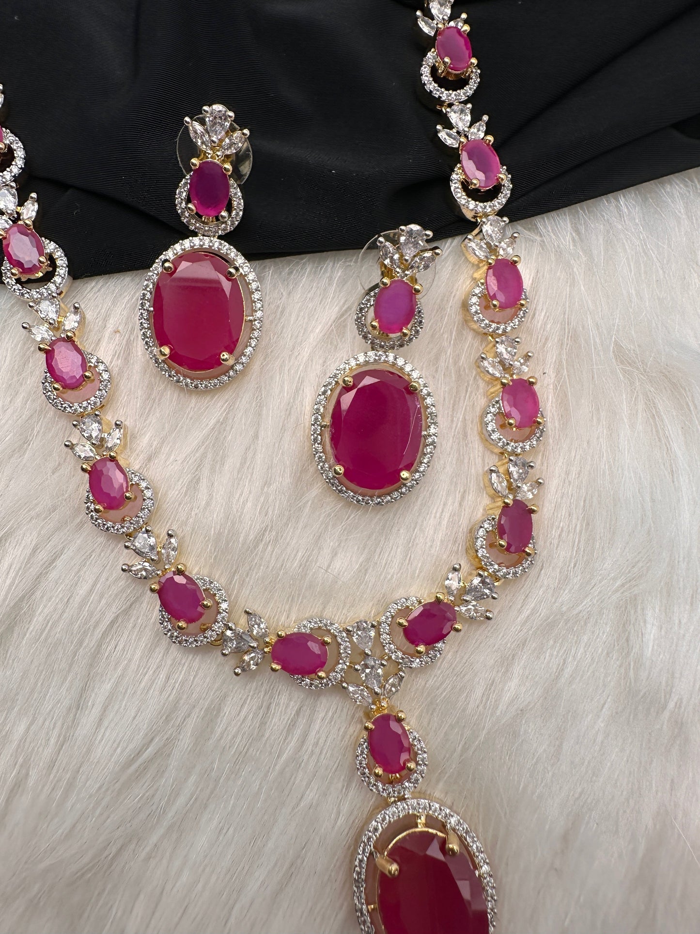 AD Color Stone Dainty Short Necklace - Red