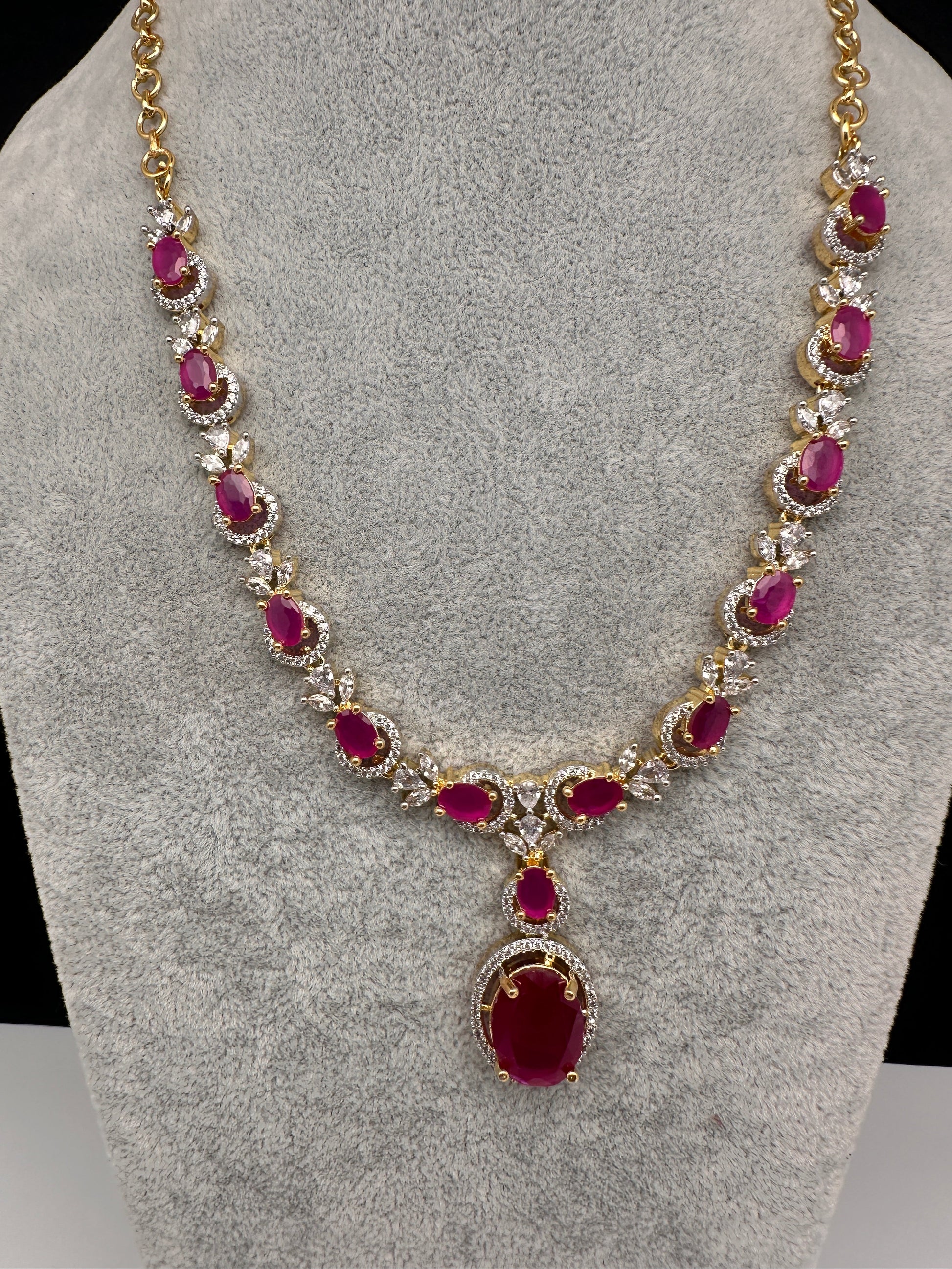 AD Color Stone Dainty Short Necklace - Red