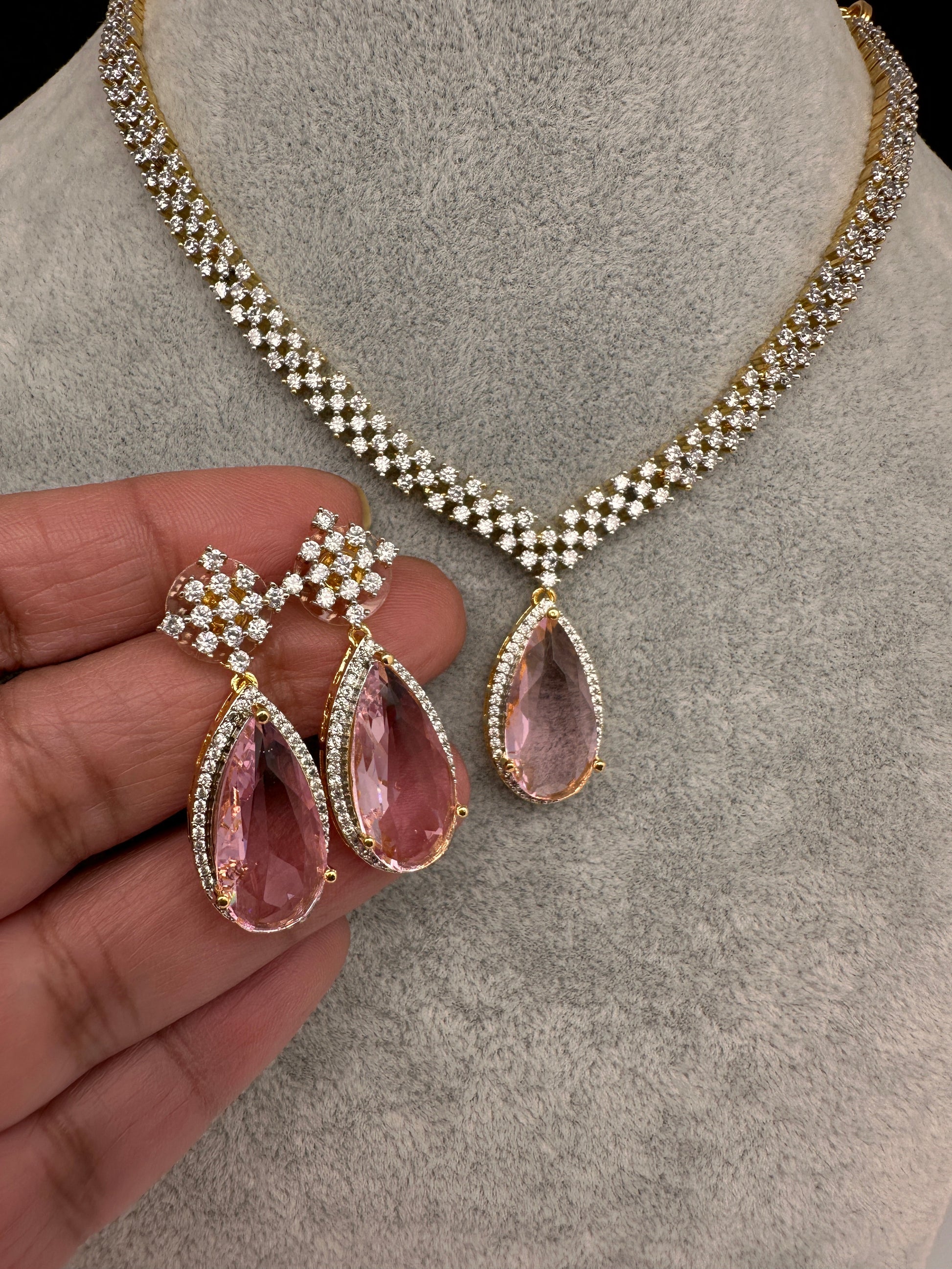 AD Color Stone Dainty Short Necklace - pink
