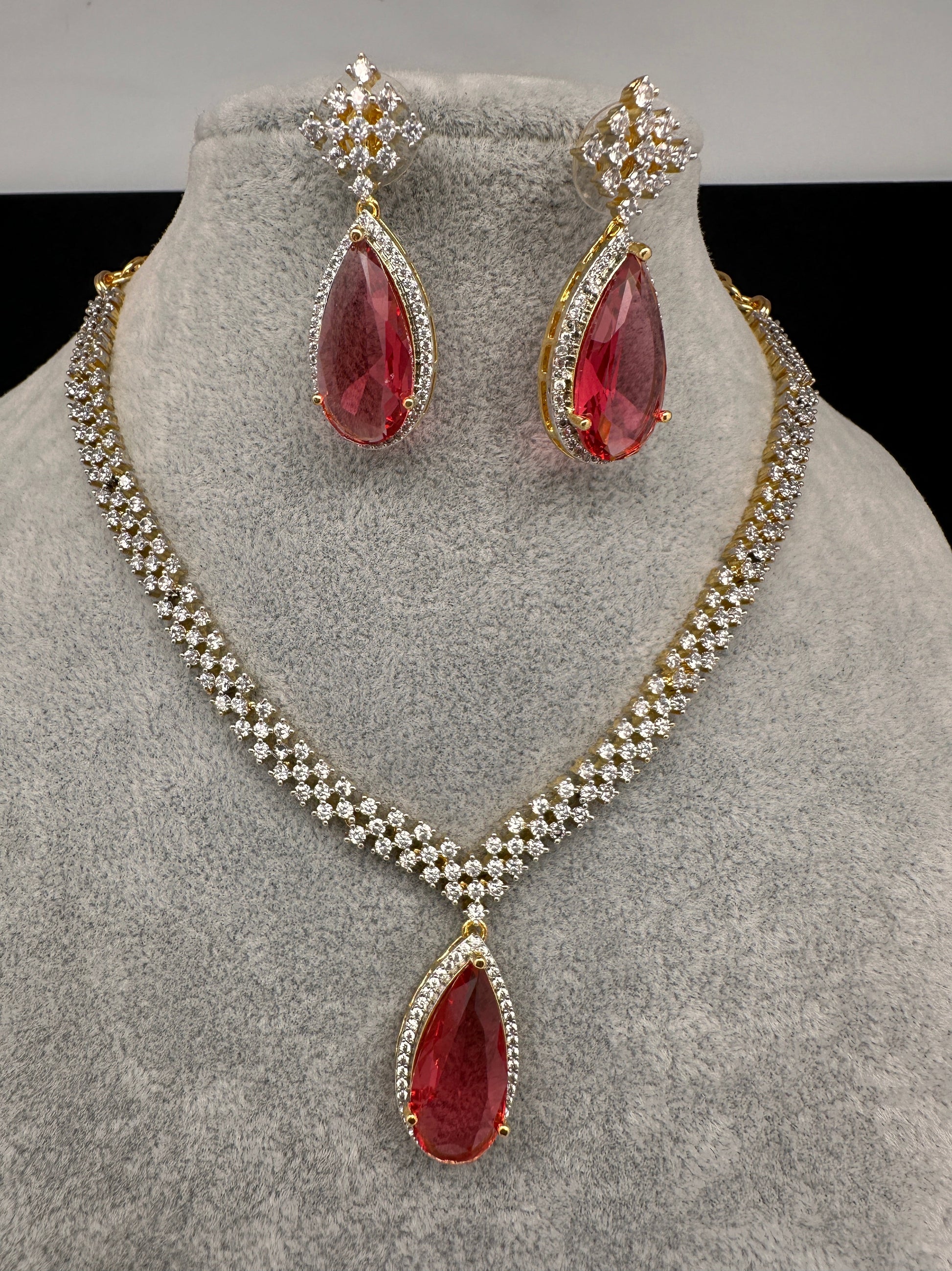 AD Color Stone Dainty Short Necklace - Red