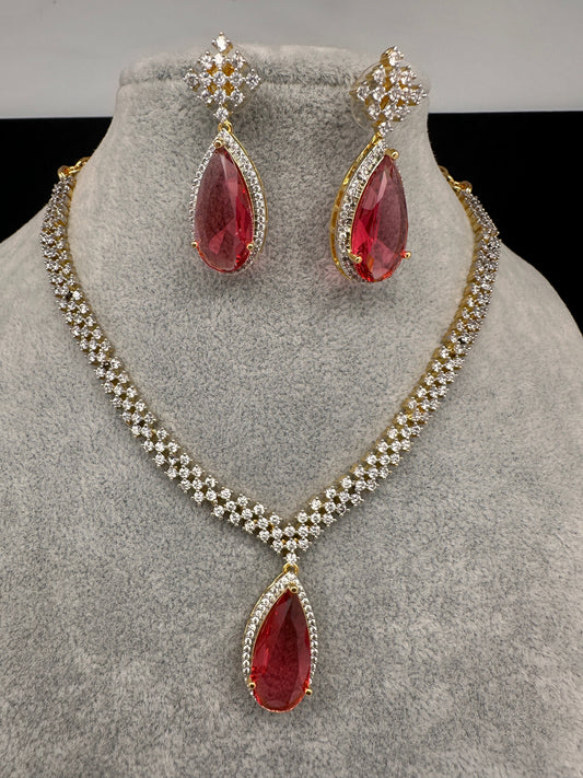 AD Color Stone Dainty Short Necklace - Red