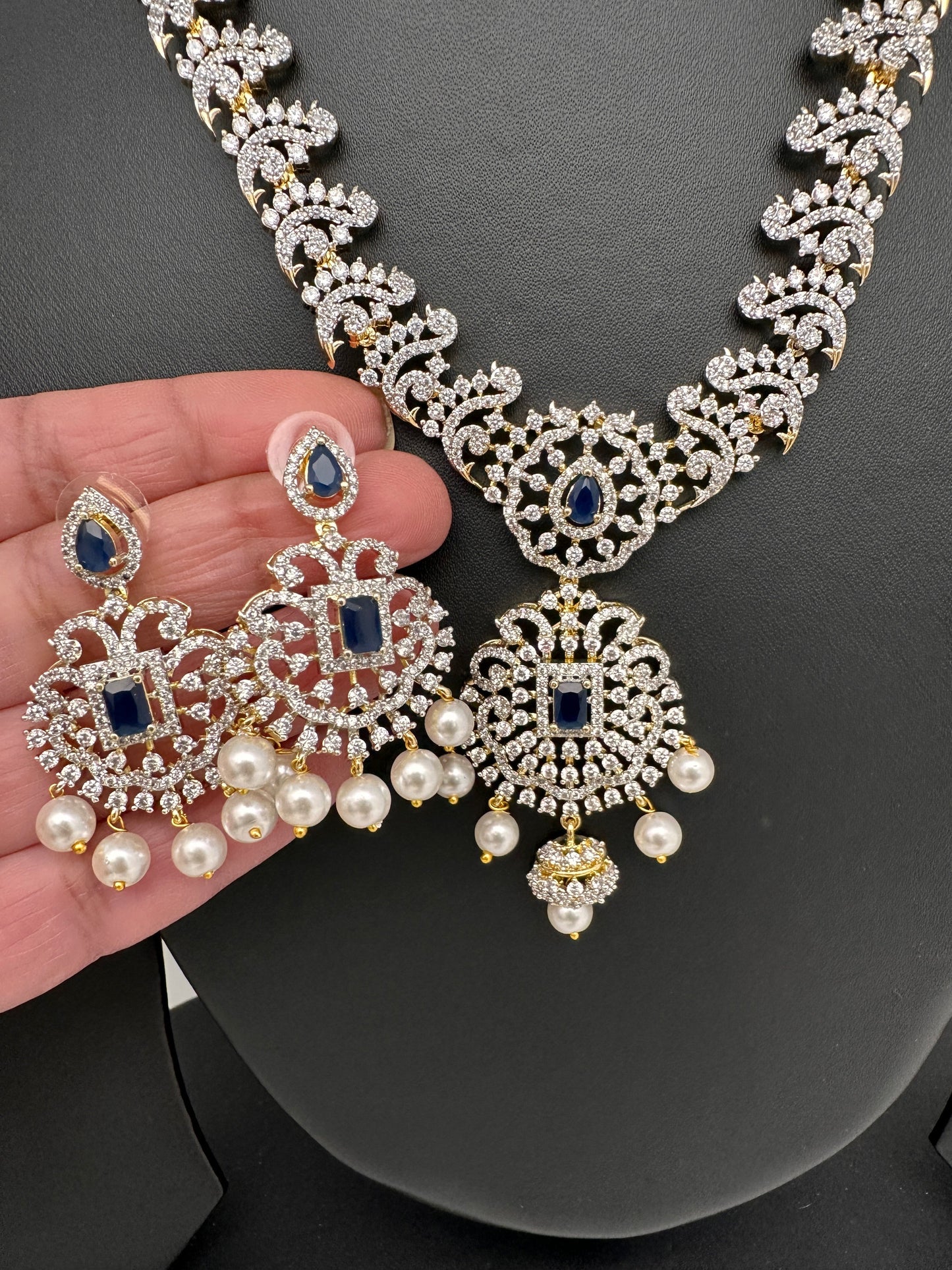 AD Color Stone Dainty Short Necklace - Blue
