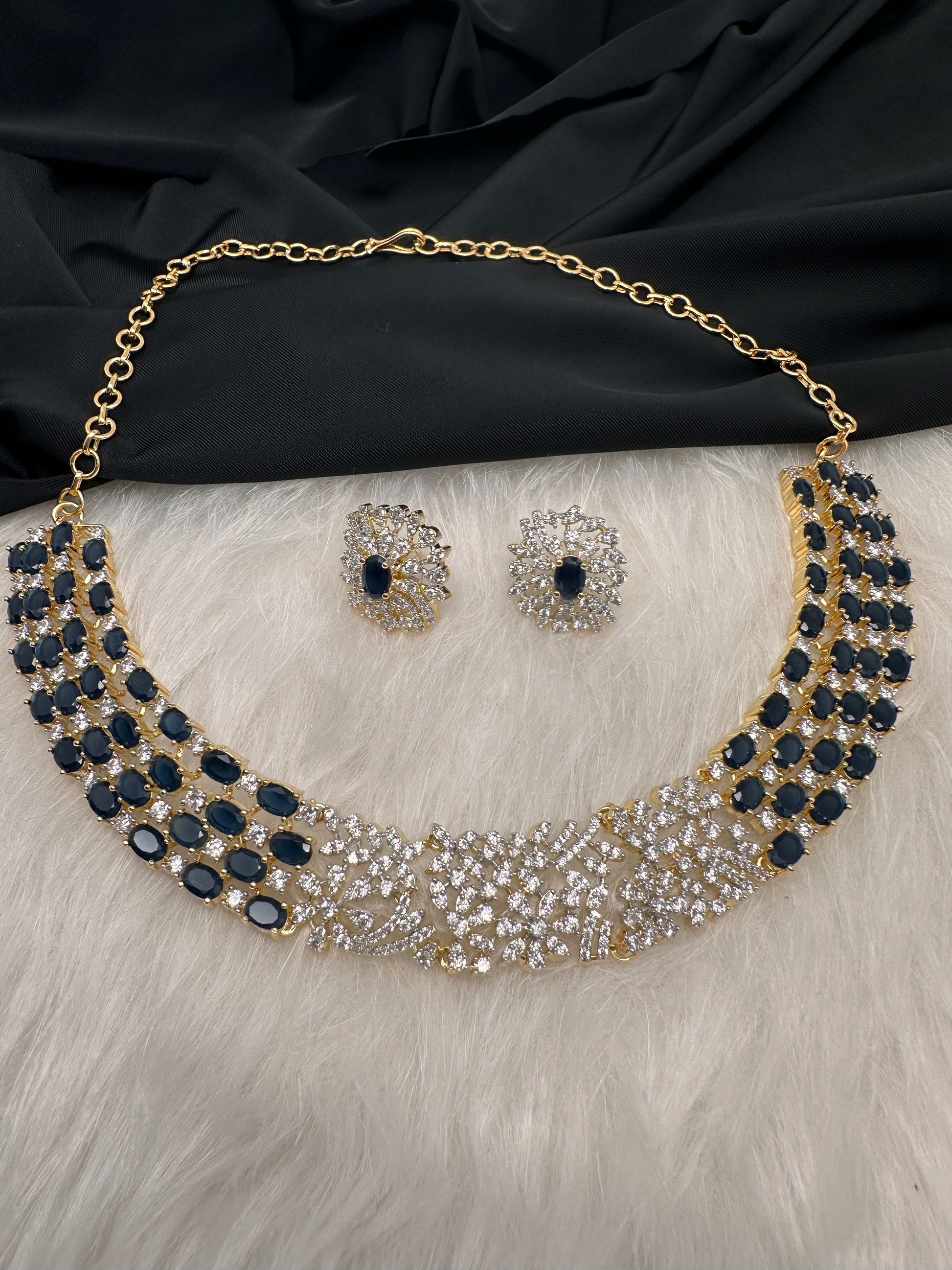 AD Color Stone Dainty Short Necklace - Blue