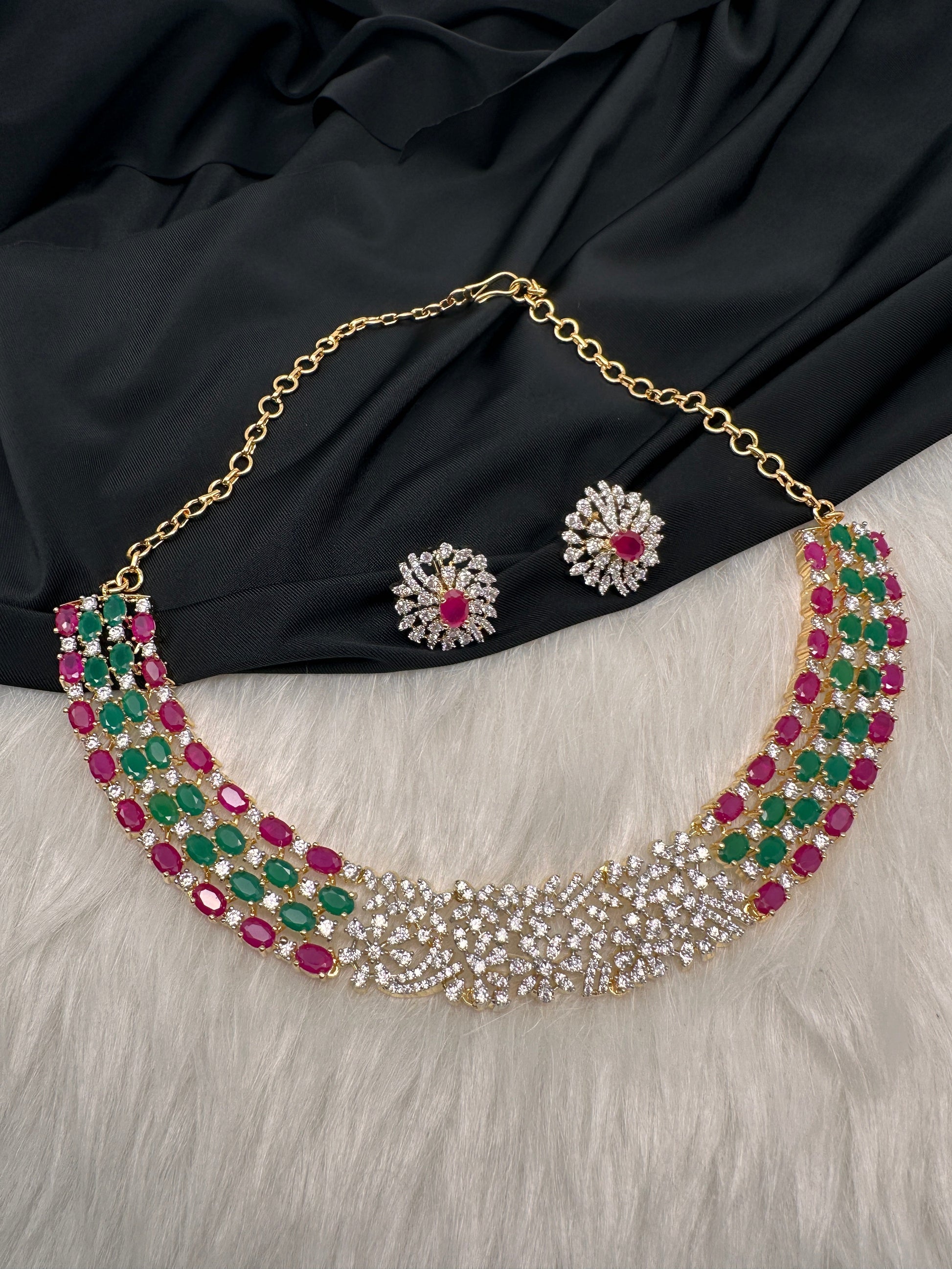 AD Color Stone Dainty Short Necklace - Gold