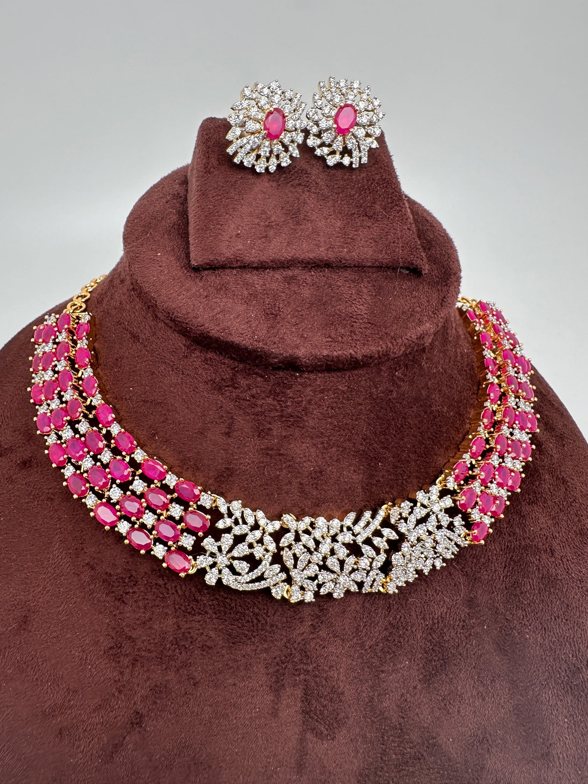 AD Color Stone Dainty Short Necklace - Red