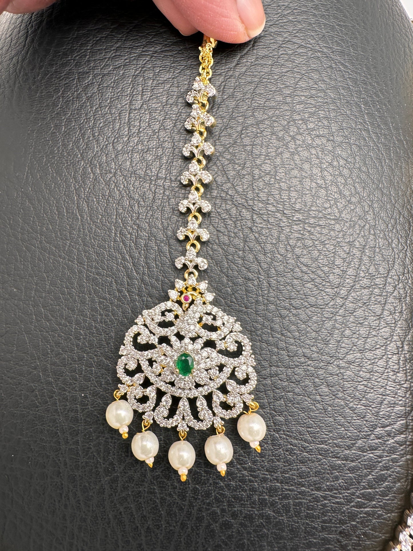 AD Emerald Diamond Finish Ganga Jamuna Polish Peacock Long Short Necklace Combo Set