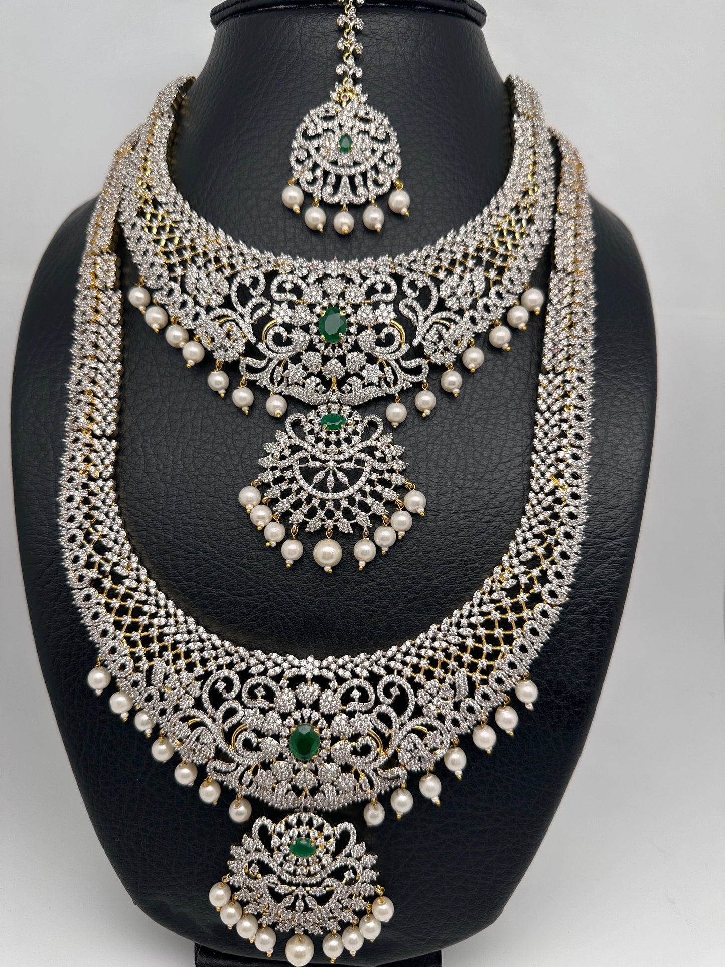AD Emerald Diamond Finish Ganga Jamuna Polish Peacock Long Short Necklace Combo Set