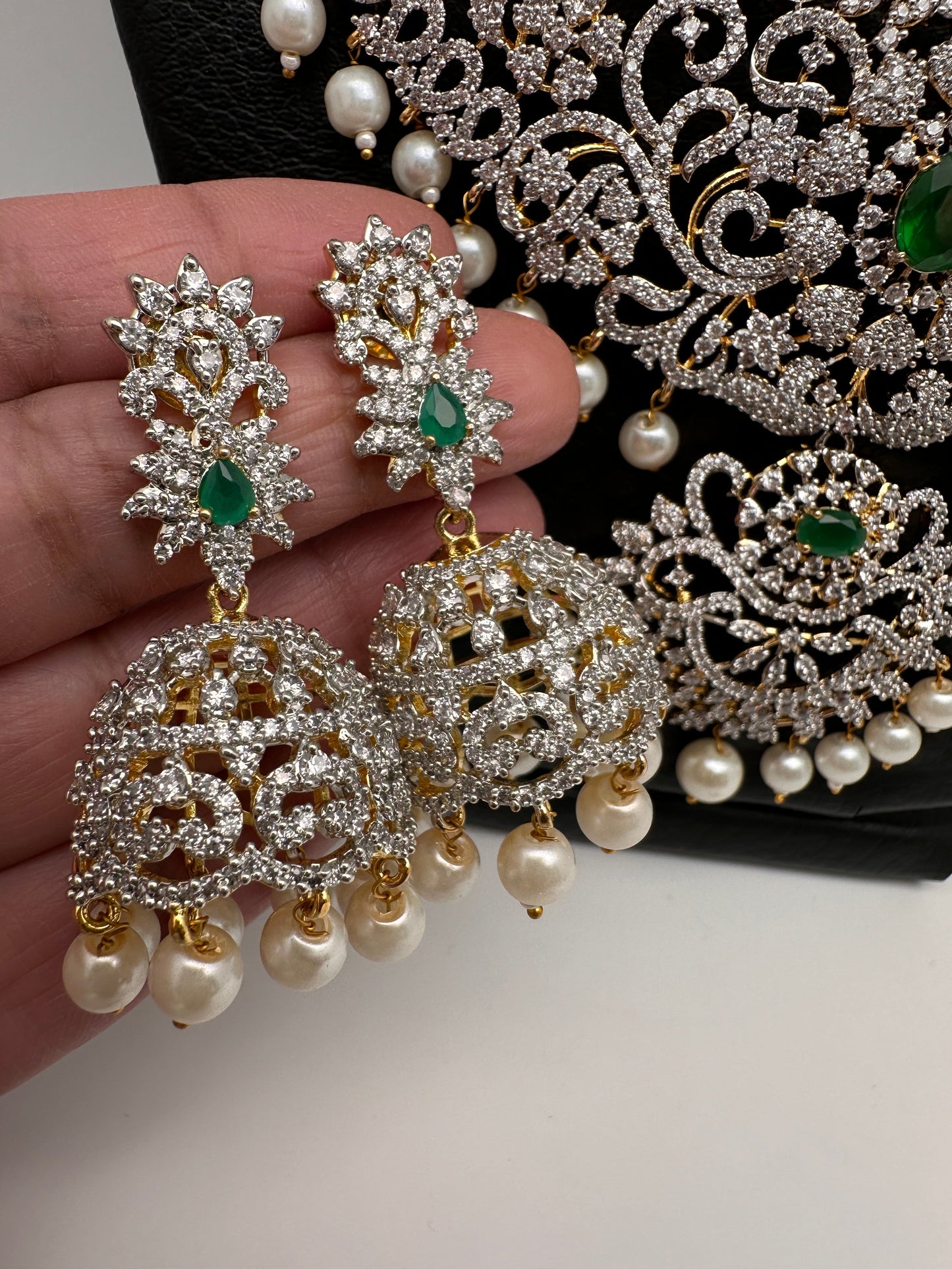 AD Emerald Diamond Finish Ganga Jamuna Polish Peacock Long Short Necklace Combo Set