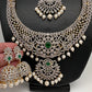 AD Emerald Diamond Finish Ganga Jamuna Polish Peacock Long Short Necklace Combo Set
