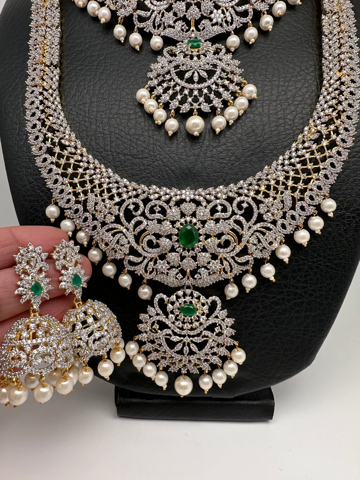 AD Emerald Diamond Finish Ganga Jamuna Polish Peacock Long Short Necklace Combo Set
