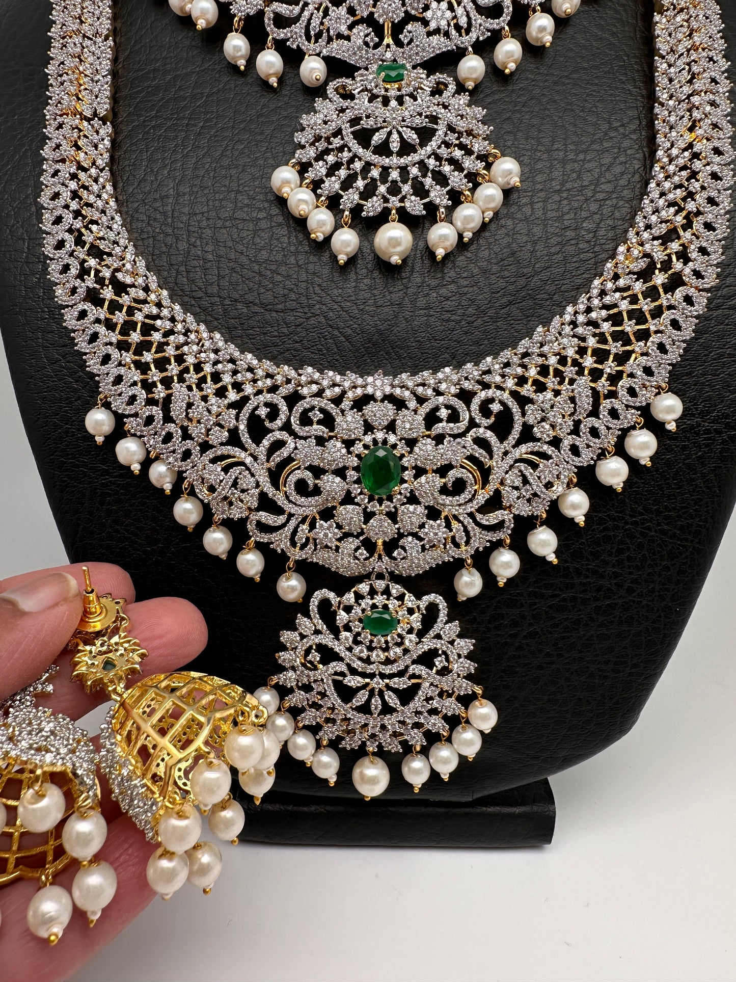 AD Emerald Diamond Finish Ganga Jamuna Polish Peacock Long Short Necklace Combo Set