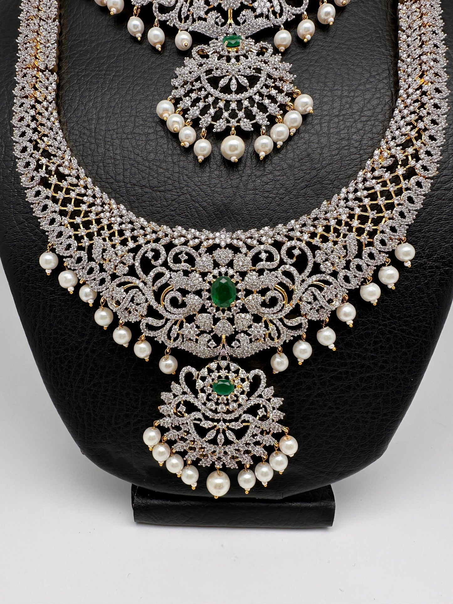 AD Emerald Diamond Finish Ganga Jamuna Polish Peacock Long Short Necklace Combo Set