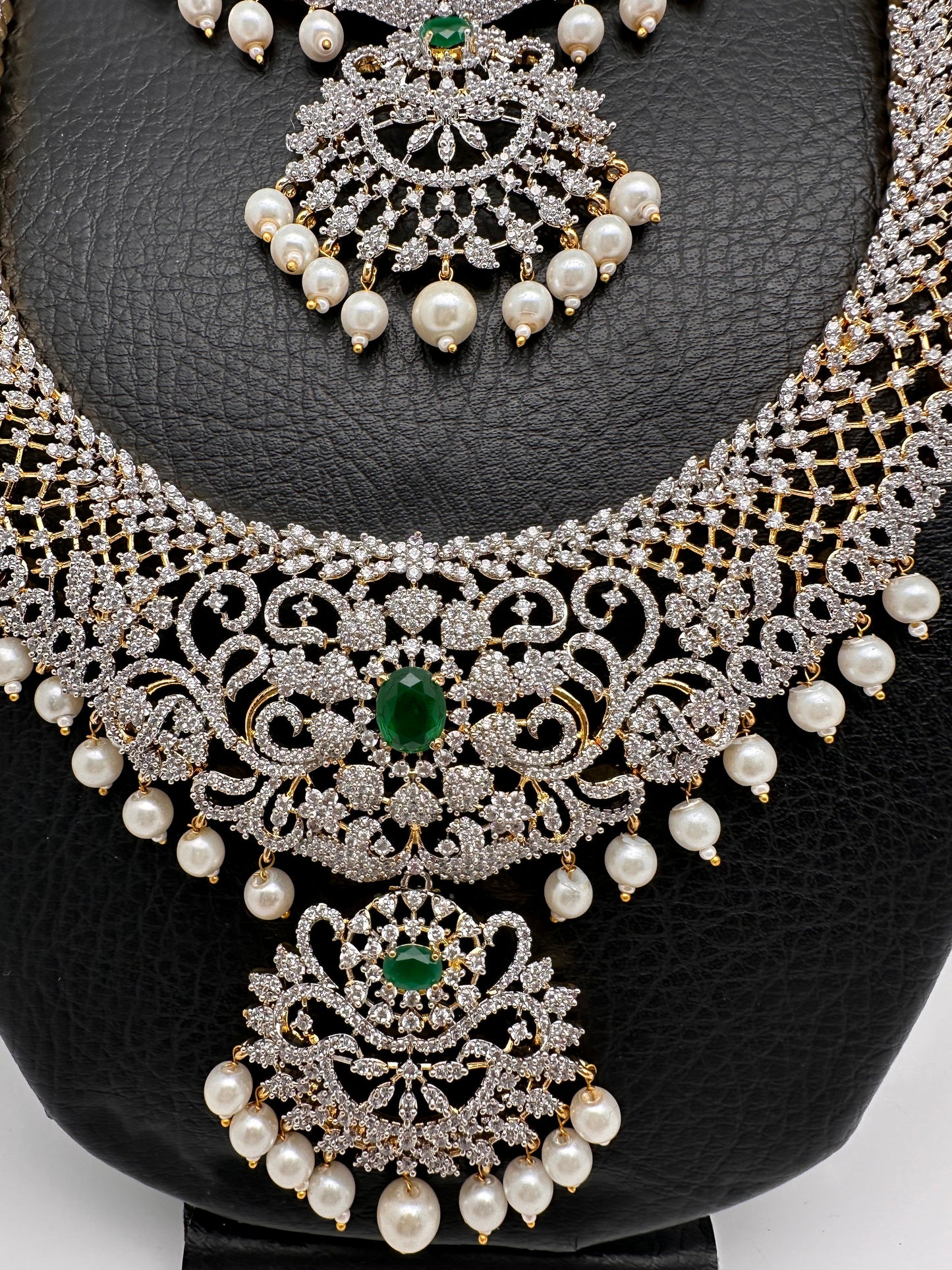 AD Emerald Diamond Finish Ganga Jamuna Polish Peacock Long Short Necklace Combo Set