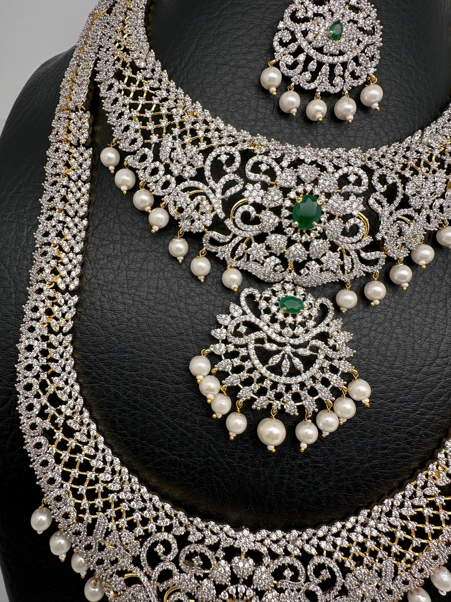 AD Emerald Diamond Finish Ganga Jamuna Polish Peacock Long Short Necklace Combo Set