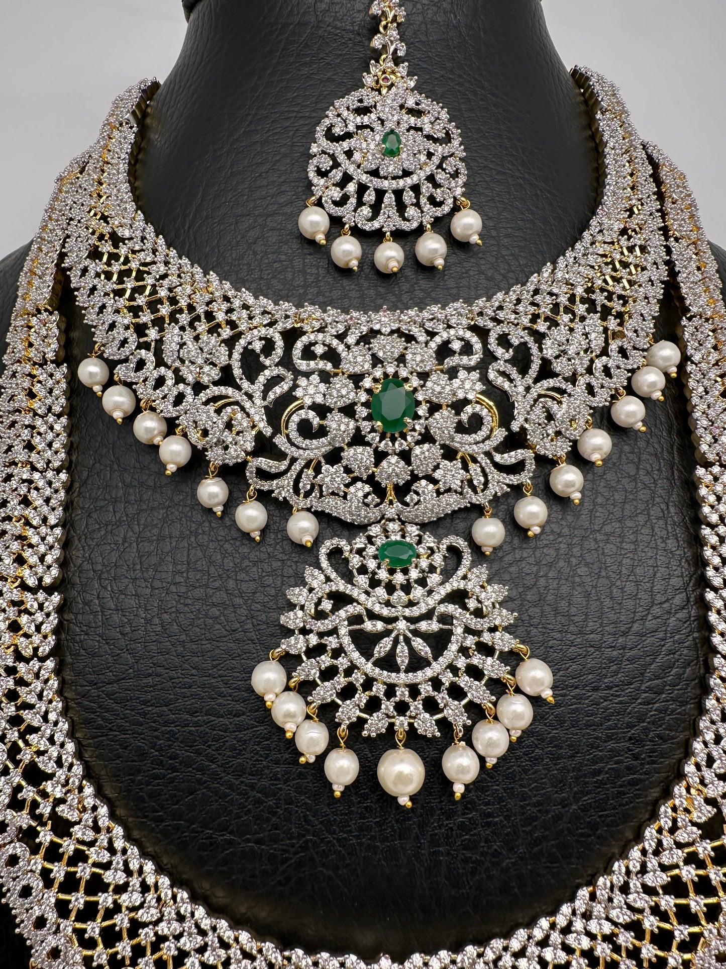AD Emerald Diamond Finish Ganga Jamuna Polish Peacock Long Short Necklace Combo Set