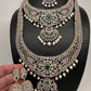 AD Emerald Diamond Finish Ganga Jamuna Polish Peacock Long Short Necklace Combo Set