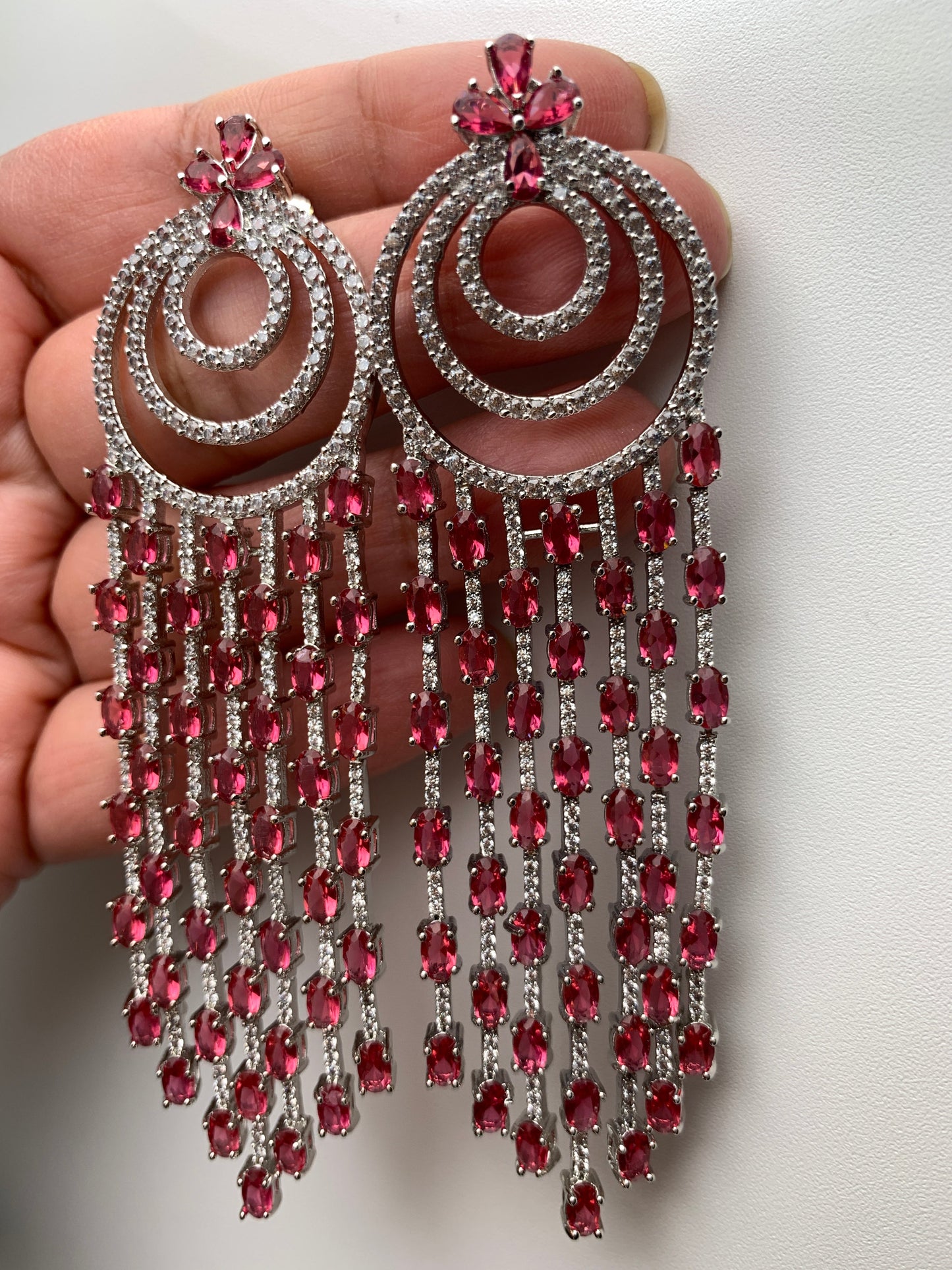 AD Wine Red Stone Long Earrings in Silver Polish