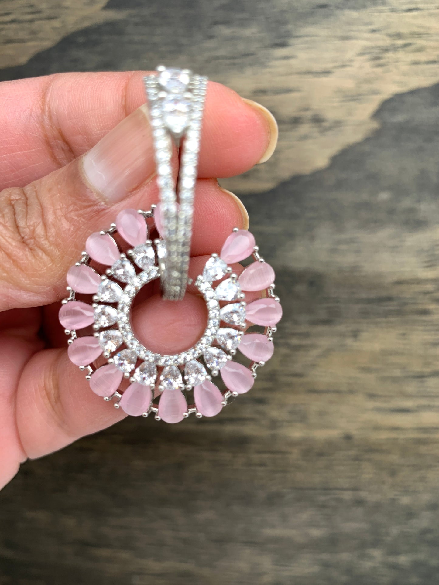 AD Pink Stone Bali Hoop Pattern Earrings in Silver Polish