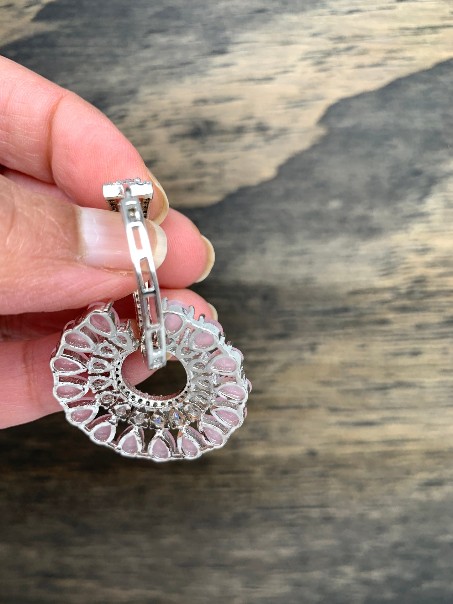 AD Pink Stone Bali Hoop Pattern Earrings in Silver Polish
