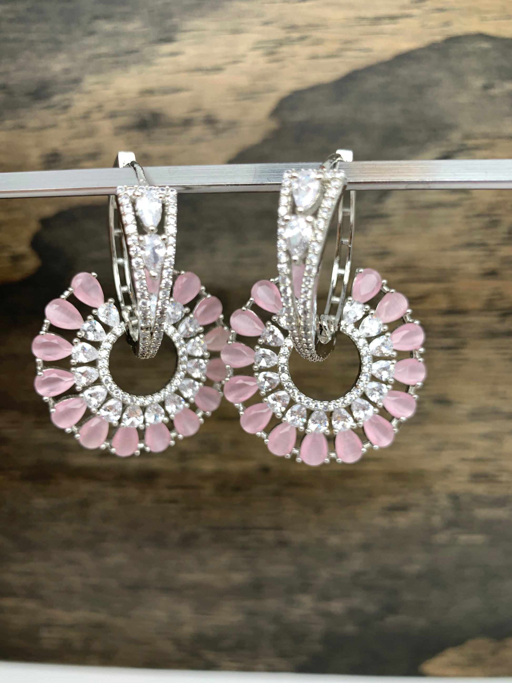 AD Pink Stone Bali Hoop Pattern Earrings in Silver Polish