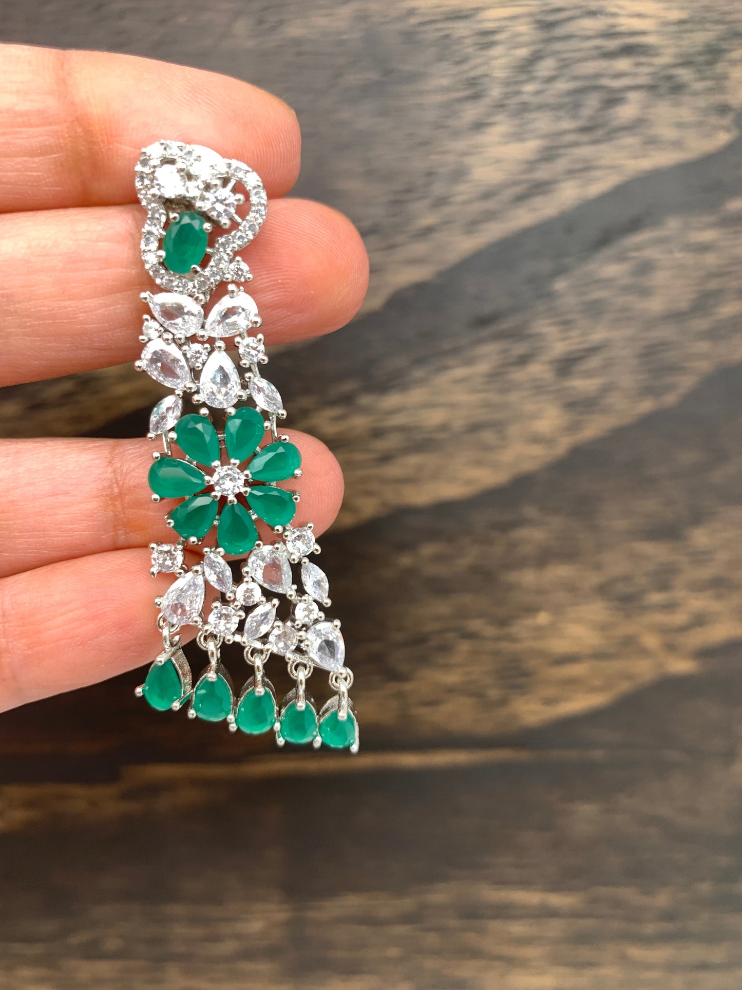 AD and Green Stone Earrings in Silver Polish