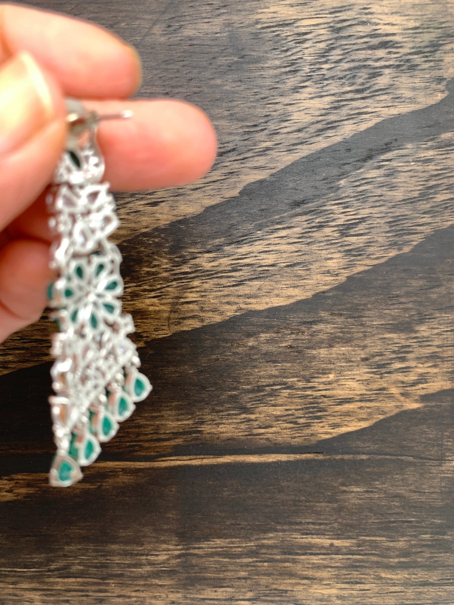 AD and Green Stone Earrings in Silver Polish