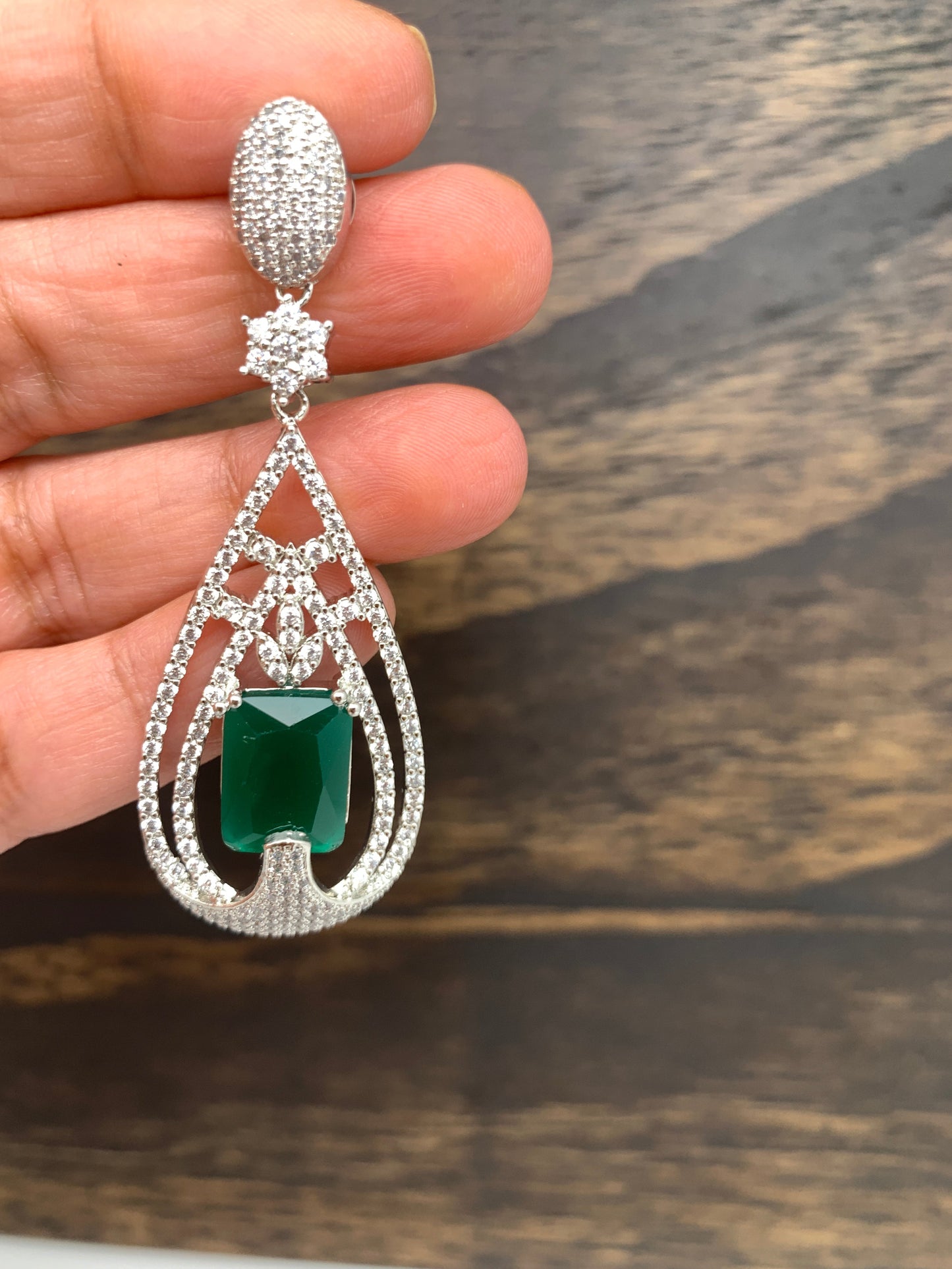 AD Earrings with Green Stone in Silver Polish