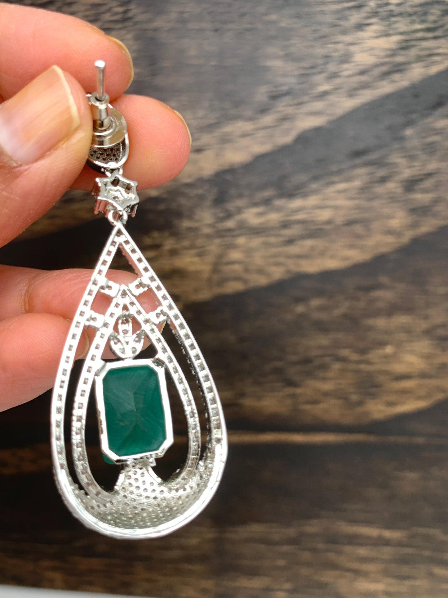 AD Earrings with Green Stone in Silver Polish