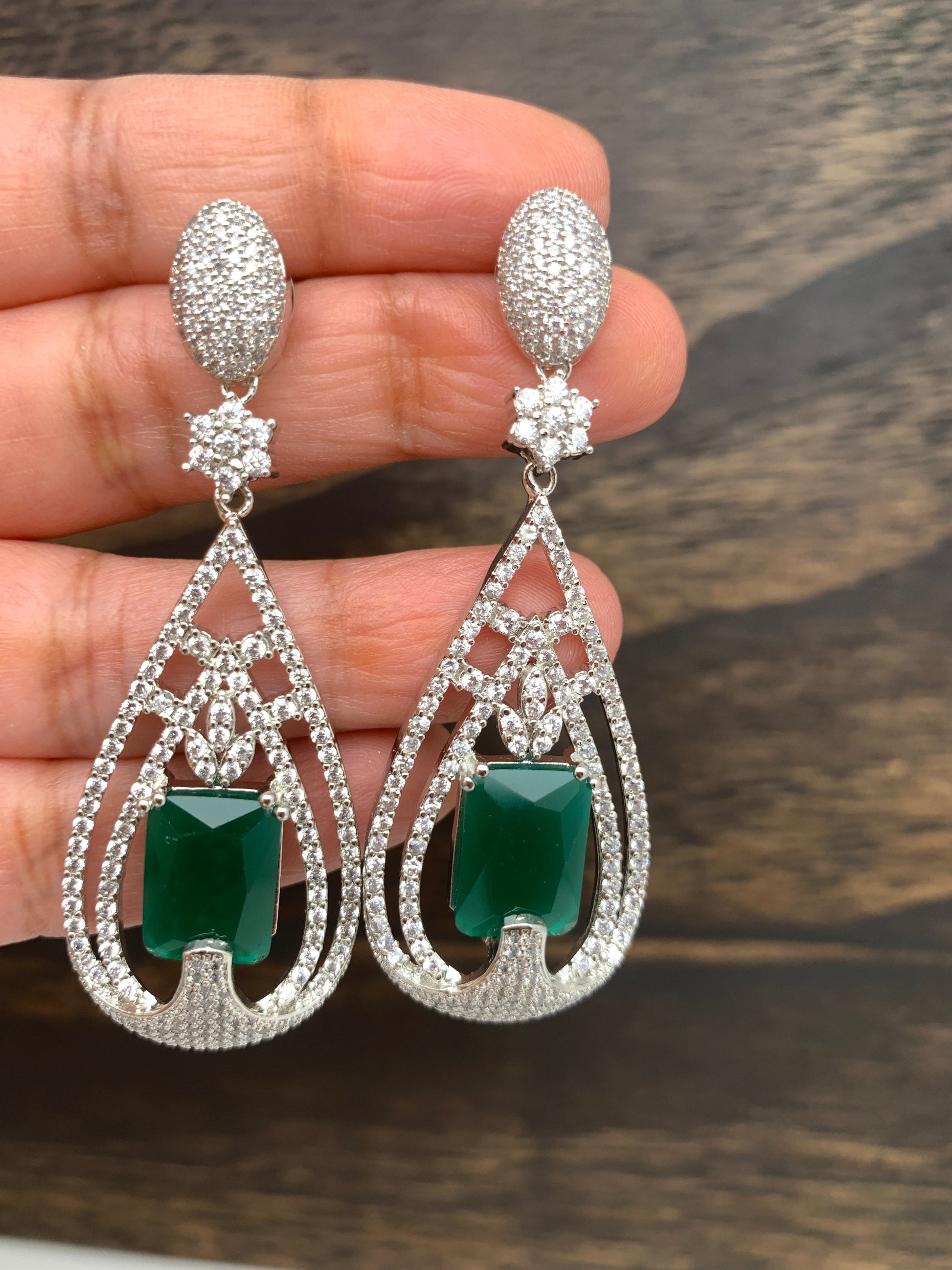 AD Earrings with Green Stone in Silver Polish