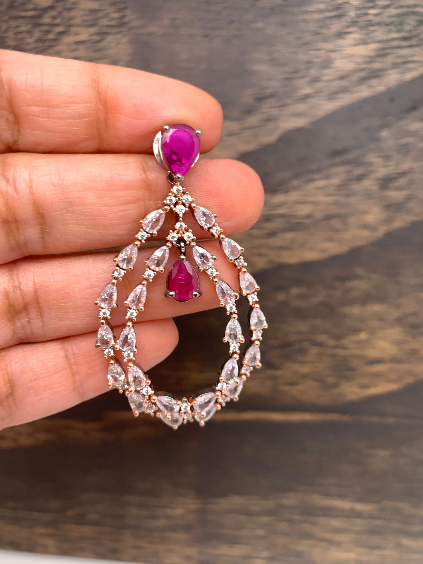 AD Earrings with Pink Stone and Dual Tone Polish