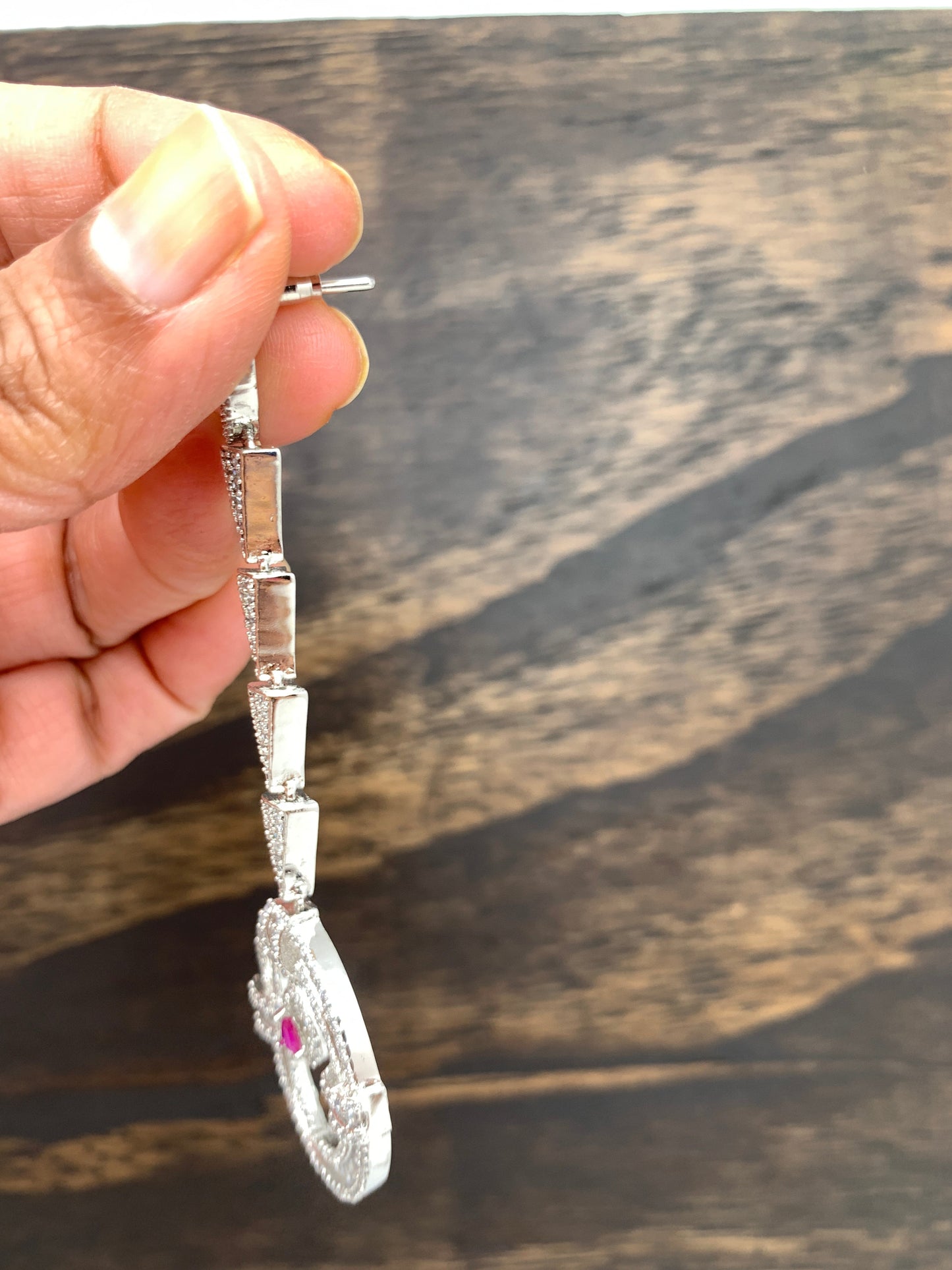AD Long Earrings with Pink Stone in Silver Polish