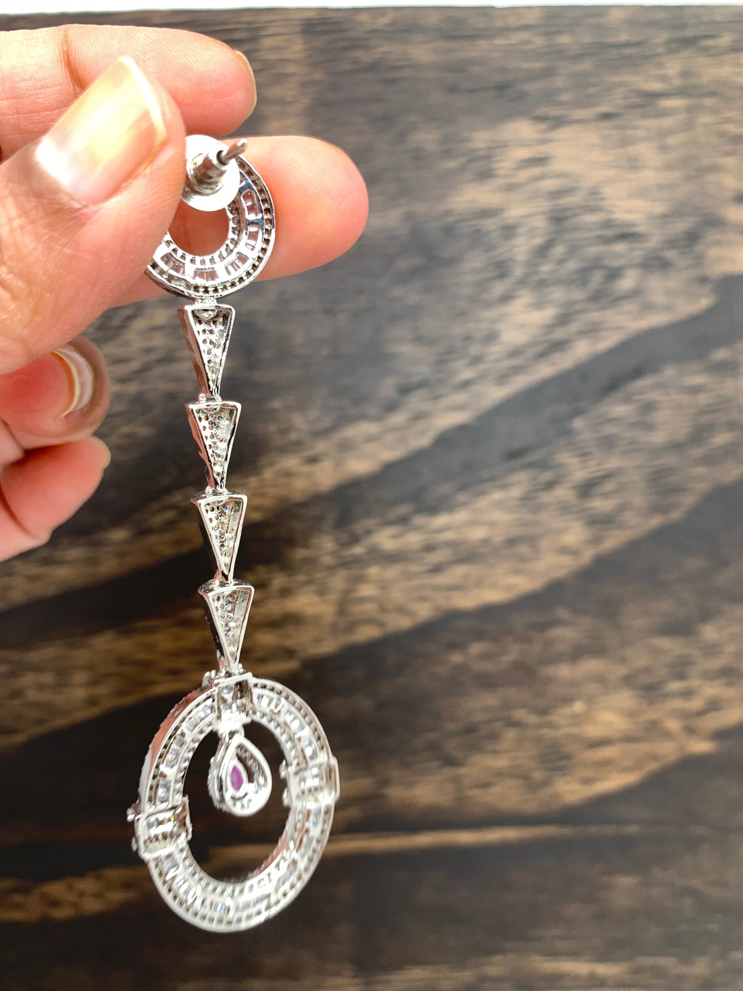 AD Long Earrings with Pink Stone in Silver Polish