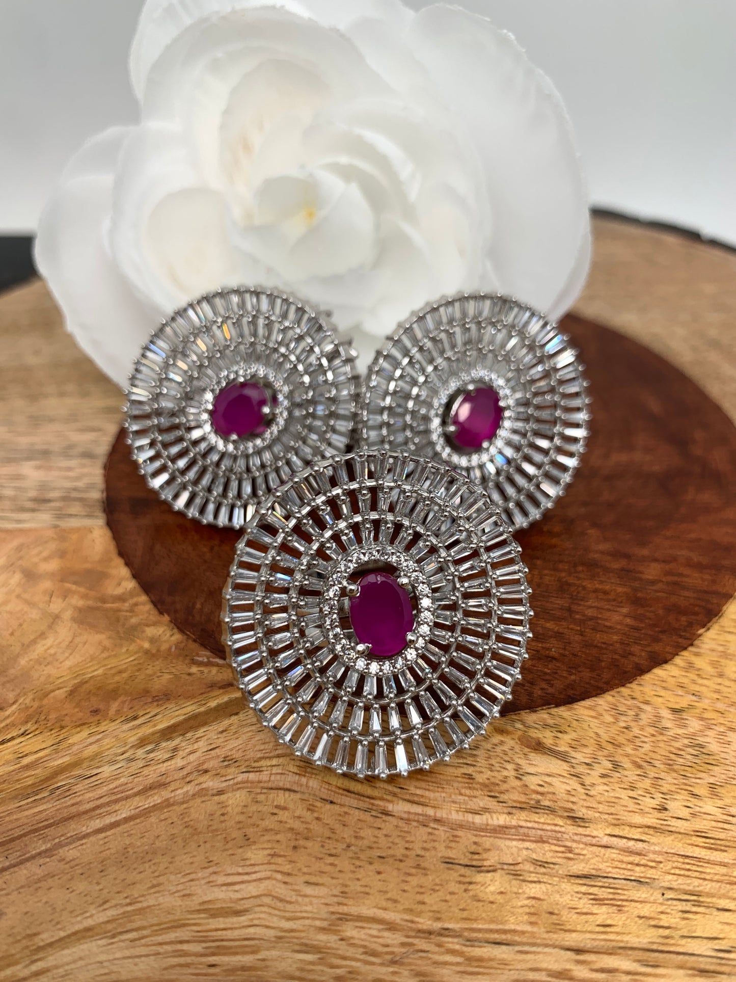 AD Pink Stone Earrings with Ring in Silver Polish