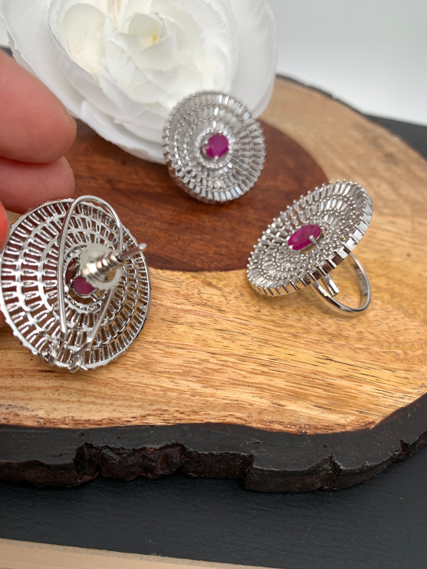AD Pink Stone Earrings with Ring in Silver Polish